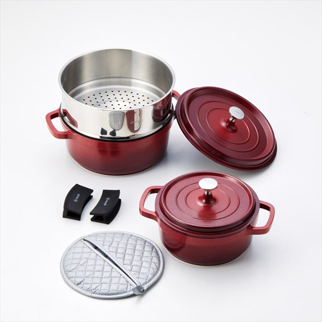 ジョイア キャセロール&蒸し器5点セット レッド XC-5RE 内祝 内祝い お祝 御祝 記念品 出産内祝い プレゼント 快気祝い 粗供養 引出物