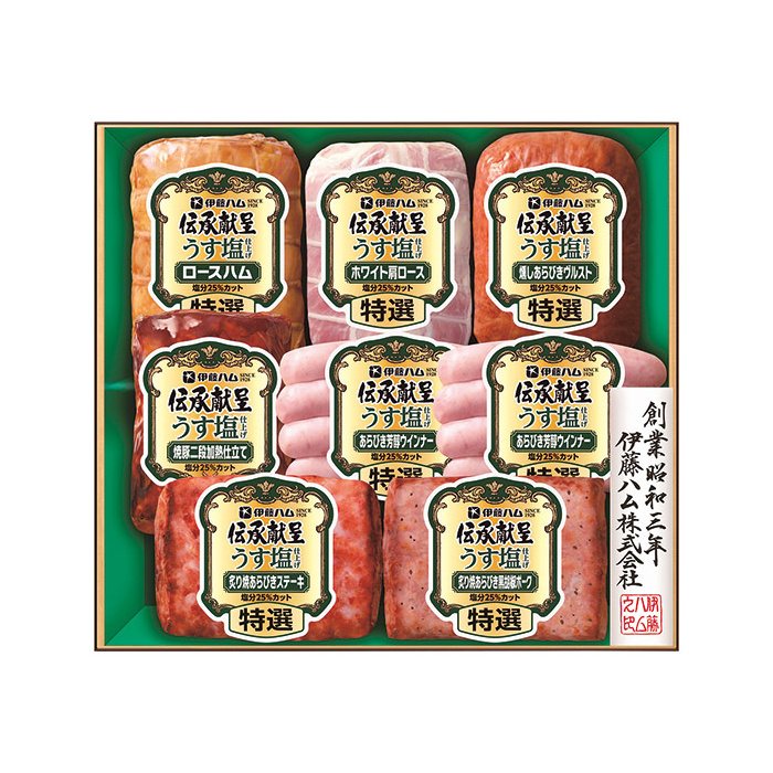 ■商品紹介：からだを想いおいしさはそのままで、塩分をおさえうす塩に仕上げました。 ■商品内容：特選（ロースハム360g・ホワイト肩ロース180g・燻しあらびきヴルスト160g・炙り焼あらびきステーキ110g・炙り焼あらびき黒胡椒ポーク110g×各1・あらびき芳醇ウインナー80g×2）・焼豚二段加熱仕立て160g×1 ■商品サイズ(cm)：261×283×67 ■商品重量：1,460g ■賞味期限：賞味期限:冷蔵で50日 メーカー希望小売価格はメーカーカタログに基づいて掲載しています ■さまざまなギフトアイテムをご用意しております。 内祝　内祝い　お祝い返し　ウェディングギフト　ブライダルギフト　引き出物　引出物　結婚引き出物　結婚引出物　結婚内祝い　出産内祝い 命名内祝い　入園内祝い　入学内祝い　卒園内祝い　卒業内祝い　就職内祝い　新築内祝い　引越し内祝い　快気内祝い　開店内祝い　二次会 披露宴　お祝い　御祝　結婚式　結婚祝い　出産祝い　初節句　七五三　入園祝い　入学祝い　卒園祝い　卒業祝い　成人式　就職祝い　昇進祝い 新築祝い　上棟祝い　引っ越し祝い　引越し祝い　開店祝い　退職祝い　快気祝い　全快祝い　初老祝い　還暦祝い　古稀祝い　喜寿祝い　傘寿祝い 米寿祝い　卒寿祝い　白寿祝い　長寿祝い　金婚式　銀婚式　ダイヤモンド婚式　結婚記念日　ギフト　ギフトセット　セット　詰め合わせ　贈答品　お返し お礼　御礼　ごあいさつ　ご挨拶　御挨拶　プレゼント　お見舞い　お見舞御礼　お餞別　引越し　引越しご挨拶　記念日　誕生日　父の日　母の日　敬老の日 記念品　卒業記念品　定年退職記念品　ゴルフコンペ　コンペ景品　景品　賞品　粗品　お香典返し　香典返し　志　満中陰志　弔事　会葬御礼　法要 法要引き出物　法要引出物　法事　法事引き出物　法事引出物　忌明け　四十九日　七七日忌明け志　一周忌　三回忌　回忌法要　偲び草　粗供養　初盆 供物　お供え　お中元　御中元　お歳暮　御歳暮　お年賀　御年賀　残暑見舞い　年始挨拶　ボーリング大会　景品　レミパン　ゼリー　スターバックス 千疋屋　結婚式　そうめん　ローラアシュレイ　プリン　話題　ディズニー　カタログギフト　ティファール　ビタクラフト　ステンレスタンブラー　リラックマ のし無料　メッセージカード無料　ラッピング無料 ギフトにぴったりのアイテムをご紹介！ 贈り物に悩んでいる方へ、心温まるギフトアイテムを取り揃えました。高品質な食品、ふわふわのタオル、美しい食器、そしてセンスあふれる雑貨まで、幅広いラインナップであなたの大切な人への思いを伝えます。 特徴 高品質：厳選された素材と丁寧な製造工程で作られた商品ばかり。どれも長く愛用いただけます。 多用途：どんなシーンでも使える万能アイテムが揃っています。誕生日、結婚祝い、新築祝いなど、さまざまな場面に最適です。 デザイン：シンプルで洗練されたデザインから、カラフルで個性的なものまで、多彩なバリエーションをご用意。 お手頃価格：高品質ながら手ごろな価格で、コストパフォーマンスも抜群。 おすすめの用途とシーン 誕生日プレゼント：大切な人の特別な日を祝うために、実用的かつ心温まるギフトを。食品やタオルは、日常で役立つアイテムとして喜ばれます。 結婚祝い：新しい生活を始めるカップルに、美しい食器やおしゃれな雑貨を。幸せな家庭を築くお手伝いができます。 新築祝い：新しい家に引っ越した友人や家族へ、インテリアにぴったりの雑貨や実用的なタオルを。快適な生活をサポートします。 お返しギフト：感謝の気持ちを込めて、おしゃれで実用的なアイテムを。食品はもちろん、使い心地の良いタオルや美しい食器も喜ばれます。 季節の贈り物：お中元やお歳暮、季節の挨拶として、季節に合ったギフトを。夏には涼しげな雑貨、冬には温かみのあるタオルや食品が最適です。 贈る相手に合わせたおすすめ グルメな方へ：美味しい食品を贈れば、食卓が一層華やかに。特別な時間を演出します。 家庭的な方へ：ふわふわのタオルや使いやすい食器で、日常生活に彩りを。 オシャレな方へ：センスあふれる雑貨で、インテリアを一層魅力的に。 まとめ あなたの気持ちを込めたギフト選びをお手伝いします。どれも心を込めて選んだアイテムばかりです。大切な人への贈り物として、自信を持っておすすめします。 商品概要 [分類] 以下のような商品をお探しの方にオススメです。スイーツ スィーツ スウィーツ Sweets ケーキ お菓子 洋菓子 デザート おやつ 小腹対策 食品 食べ物 / チョコレートケーキ チョコレート ガトーショコラ チーズケーキ 生菓子 生ケーキ ベイクドチーズケーキ [評価・マスコミ] ランキング1位のおすすめ(お勧め オススメ) インスタ映え SNS 評判 今話題の人気商品 [サービス] 以下のサービスをご利用いだだけます。不可の場合あり。お取り寄せ 全国配送 全国発送 オーダー 注文 デリバリー 取寄せ 宅配 ネット通販 持ち運び可 / 送料無料 送料込み 無料ギフト対応 日持ち長い 長期保存 賞味期限が長い 名入れ 当日発送 お急ぎ便 即日配送 即日発送 翌日配送 翌日発送 前日に買う あす楽 明日楽 即納 翌日 あす着 明日届く 配送日指定可 冷凍保存可 冷凍保管 冷凍便 ギフトラッピング ギフト対応 予約 メッセージ付き 有料メッセージカード 有料お誕生日カード ホワイトデー当日お届け可能 [パッケージ] 　 以下のような包装でお届けします。詰め合わせ セット アソート 化粧箱入り ラッピング不要 個包装 小分け 手提げ袋（有償） 2重梱包 [デザイン] 以下のようなイメージをお求めの方におすすめです。お洒落 可愛い ゴージャス 高級感 プレミアム サプライズ感 美しい インパクト 面白い 珍しい 希少 驚き シンプル 上品 スタイリッシュ エレガント モダン [ご用途] 工夫次第で様々な用途でご利用いただけます。贈り物 プレゼント ギフト プチギフト 贈答品 お祝い 御祝い 退職祝い 内祝い 出産祝い 出産内祝い 入学祝い 卒業祝い ご褒美 手土産 お土産 お使い物 お返し お礼 ご挨拶 ご進物 お配り 配る ばらまき バレンタインデー バレンタインデイ ヴァレンタイン 友チョコ 義理チョコ 本命チョコ 逆チョコ バレンタインチョコ ホワイトデー ホワイトデイ ホワイトデーのお返し 七五三 ひな祭り こどもの日 ハロウィン クリスマス お中元 お年賀 ウインターギフト 御中元 御歳暮 サマーギフト 残暑見舞い お歳暮 母の日 父の日 敬老の日 敬老会記念品 敬老会 結婚祝い 結婚内祝い 結婚記念日 結婚式二次会 二次会のプチギフト 結婚披露宴の引き出物 引き菓子 ウエディングパーティー 成人祝い 長寿祝い 還暦祝い 古希祝い 古稀祝い 喜寿祝い 傘寿祝い 米寿祝い 卒寿祝い 白寿祝い 紀寿祝い 百寿祝い 成人式 セレモニー イベント 内祝い 快気祝い 快気内祝い 出産内祝い 出産祝い 記念日 お返し ご進物 御使い物 お礼 ご挨拶 御礼 ご祝儀 祝儀の品 お使い物 ノベルティー 粗品 景品 長寿 法事 法要 仏事 年忌法事 志 粗供養 供養返し 香典返し 満中陰志 御供え お供え 御供物 弔事 七五三 ひな祭り 入学祝い 卒業祝い 卒園祝い 退職祝い 入社祝い 成人式 成人式のお祝い 朝食 食事代わり ティータイム ブレイクタイム ホームパーティー クリスマスケーキ 誕生日プレゼント 誕生祝い バースデーケーキ 学校 会社 職場 法人 取引先 部活 イベント サークル 介護施設 [おすすめの方] 以下のような様々なお客様にお喜びいただいております。10代 20代 30代 40代 50代 60代 70代 80代 90代 100歳以上 お母さん お父さん ママ パパ 兄弟姉妹 彼氏 彼女 恋人 義理の母 叔父さん 親戚の お嬢さん 大家族 家族 赤ちゃん 祖父 祖母 叔父 叔母 孫 おじいちゃん おばあちゃん じいじ ばあば 夫 旦那 妻 奥様 お嫁さん 奥さん 親 両親 娘 同僚 友達 仲間 友人 親友 上司 部下 先輩 後輩 お世話になった方 恩師 先生 大人数 女友達 法人 女性 男性 大人 子ども 子供用 小学生 中学生 高校生 男の子 女の子 辛党 甘党 甘いものが苦手 高齢者 お年寄り [その他おすすめ] 以下のような商品に興味のある方にもオススメです。大量 大量購入 財布に優しい 大人数 業務用 大量スイーツ お試し コスパ良い /からだを想いおいしさはそのままで、塩分をおさえうす塩に仕上げました。