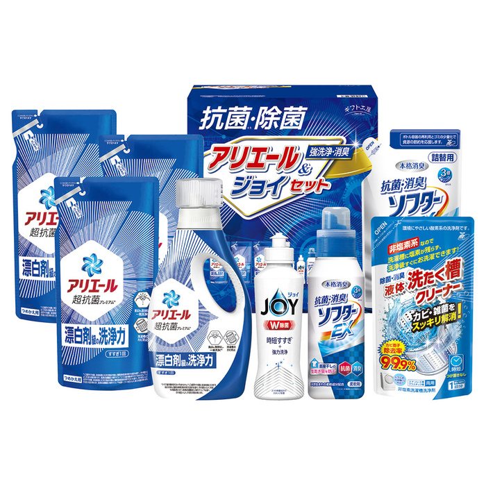 ■商品紹介：抗菌力に優れたアリエールに本格消臭の抗菌・消臭柔軟剤とW除菌の食器洗い洗剤ジョイをセットしました。 ■商品内容：P&Gアリエールジェル720g×1・P&Gアリエールジェル（詰替）405g×3・抗菌消臭ソフターEX350g・抗菌消臭ソフターEX（詰替）350g・P&G除菌ジョイ170?・液体洗たく槽クリーナー350g×各1 ■商品サイズ(cm)：280×251×199 ■商品重量：4,020g ■賞味期限： メーカー希望小売価格はメーカーカタログに基づいて掲載しています ■さまざまなギフトアイテムをご用意しております。 内祝　内祝い　お祝い返し　ウェディングギフト　ブライダルギフト　引き出物　引出物　結婚引き出物　結婚引出物　結婚内祝い　出産内祝い 命名内祝い　入園内祝い　入学内祝い　卒園内祝い　卒業内祝い　就職内祝い　新築内祝い　引越し内祝い　快気内祝い　開店内祝い　二次会 披露宴　お祝い　御祝　結婚式　結婚祝い　出産祝い　初節句　七五三　入園祝い　入学祝い　卒園祝い　卒業祝い　成人式　就職祝い　昇進祝い 新築祝い　上棟祝い　引っ越し祝い　引越し祝い　開店祝い　退職祝い　快気祝い　全快祝い　初老祝い　還暦祝い　古稀祝い　喜寿祝い　傘寿祝い 米寿祝い　卒寿祝い　白寿祝い　長寿祝い　金婚式　銀婚式　ダイヤモンド婚式　結婚記念日　ギフト　ギフトセット　セット　詰め合わせ　贈答品　お返し お礼　御礼　ごあいさつ　ご挨拶　御挨拶　プレゼント　お見舞い　お見舞御礼　お餞別　引越し　引越しご挨拶　記念日　誕生日　父の日　母の日　敬老の日 記念品　卒業記念品　定年退職記念品　ゴルフコンペ　コンペ景品　景品　賞品　粗品　お香典返し　香典返し　志　満中陰志　弔事　会葬御礼　法要 法要引き出物　法要引出物　法事　法事引き出物　法事引出物　忌明け　四十九日　七七日忌明け志　一周忌　三回忌　回忌法要　偲び草　粗供養　初盆 供物　お供え　お中元　御中元　お歳暮　御歳暮　お年賀　御年賀　残暑見舞い　年始挨拶　ボーリング大会　景品　レミパン　ゼリー　スターバックス 千疋屋　結婚式　そうめん　ローラアシュレイ　プリン　話題　ディズニー　カタログギフト　ティファール　ビタクラフト　ステンレスタンブラー　リラックマ のし無料　メッセージカード無料　ラッピング無料 ギフトにぴったりのアイテムをご紹介！ 贈り物に悩んでいる方へ、心温まるギフトアイテムを取り揃えました。高品質な食品、ふわふわのタオル、美しい食器、そしてセンスあふれる雑貨まで、幅広いラインナップであなたの大切な人への思いを伝えます。 特徴 高品質：厳選された素材と丁寧な製造工程で作られた商品ばかり。どれも長く愛用いただけます。 多用途：どんなシーンでも使える万能アイテムが揃っています。誕生日、結婚祝い、新築祝いなど、さまざまな場面に最適です。 デザイン：シンプルで洗練されたデザインから、カラフルで個性的なものまで、多彩なバリエーションをご用意。 お手頃価格：高品質ながら手ごろな価格で、コストパフォーマンスも抜群。 おすすめの用途とシーン 誕生日プレゼント：大切な人の特別な日を祝うために、実用的かつ心温まるギフトを。食品やタオルは、日常で役立つアイテムとして喜ばれます。 結婚祝い：新しい生活を始めるカップルに、美しい食器やおしゃれな雑貨を。幸せな家庭を築くお手伝いができます。 新築祝い：新しい家に引っ越した友人や家族へ、インテリアにぴったりの雑貨や実用的なタオルを。快適な生活をサポートします。 お返しギフト：感謝の気持ちを込めて、おしゃれで実用的なアイテムを。食品はもちろん、使い心地の良いタオルや美しい食器も喜ばれます。 季節の贈り物：お中元やお歳暮、季節の挨拶として、季節に合ったギフトを。夏には涼しげな雑貨、冬には温かみのあるタオルや食品が最適です。 贈る相手に合わせたおすすめ グルメな方へ：美味しい食品を贈れば、食卓が一層華やかに。特別な時間を演出します。 家庭的な方へ：ふわふわのタオルや使いやすい食器で、日常生活に彩りを。 オシャレな方へ：センスあふれる雑貨で、インテリアを一層魅力的に。 まとめ あなたの気持ちを込めたギフト選びをお手伝いします。どれも心を込めて選んだアイテムばかりです。大切な人への贈り物として、自信を持っておすすめします。 商品概要 [分類] 以下のような商品をお探しの方にオススメです。スイーツ スィーツ スウィーツ Sweets ケーキ お菓子 洋菓子 デザート おやつ 小腹対策 食品 食べ物 / チョコレートケーキ チョコレート ガトーショコラ チーズケーキ 生菓子 生ケーキ ベイクドチーズケーキ [評価・マスコミ] ランキング1位のおすすめ(お勧め オススメ) インスタ映え SNS 評判 今話題の人気商品 [サービス] 以下のサービスをご利用いだだけます。不可の場合あり。お取り寄せ 全国配送 全国発送 オーダー 注文 デリバリー 取寄せ 宅配 ネット通販 持ち運び可 / 送料無料 送料込み 無料ギフト対応 日持ち長い 長期保存 賞味期限が長い 名入れ 当日発送 お急ぎ便 即日配送 即日発送 翌日配送 翌日発送 前日に買う あす楽 明日楽 即納 翌日 あす着 明日届く 配送日指定可 冷凍保存可 冷凍保管 冷凍便 ギフトラッピング ギフト対応 予約 メッセージ付き 有料メッセージカード 有料お誕生日カード ホワイトデー当日お届け可能 [パッケージ] 　 以下のような包装でお届けします。詰め合わせ セット アソート 化粧箱入り ラッピング不要 個包装 小分け 手提げ袋（有償） 2重梱包 [デザイン] 以下のようなイメージをお求めの方におすすめです。お洒落 可愛い ゴージャス 高級感 プレミアム サプライズ感 美しい インパクト 面白い 珍しい 希少 驚き シンプル 上品 スタイリッシュ エレガント モダン [ご用途] 工夫次第で様々な用途でご利用いただけます。贈り物 プレゼント ギフト プチギフト 贈答品 お祝い 御祝い 退職祝い 内祝い 出産祝い 出産内祝い 入学祝い 卒業祝い ご褒美 手土産 お土産 お使い物 お返し お礼 ご挨拶 ご進物 お配り 配る ばらまき バレンタインデー バレンタインデイ ヴァレンタイン 友チョコ 義理チョコ 本命チョコ 逆チョコ バレンタインチョコ ホワイトデー ホワイトデイ ホワイトデーのお返し 七五三 ひな祭り こどもの日 ハロウィン クリスマス お中元 お年賀 ウインターギフト 御中元 御歳暮 サマーギフト 残暑見舞い お歳暮 母の日 父の日 敬老の日 敬老会記念品 敬老会 結婚祝い 結婚内祝い 結婚記念日 結婚式二次会 二次会のプチギフト 結婚披露宴の引き出物 引き菓子 ウエディングパーティー 成人祝い 長寿祝い 還暦祝い 古希祝い 古稀祝い 喜寿祝い 傘寿祝い 米寿祝い 卒寿祝い 白寿祝い 紀寿祝い 百寿祝い 成人式 セレモニー イベント 内祝い 快気祝い 快気内祝い 出産内祝い 出産祝い 記念日 お返し ご進物 御使い物 お礼 ご挨拶 御礼 ご祝儀 祝儀の品 お使い物 ノベルティー 粗品 景品 長寿 法事 法要 仏事 年忌法事 志 粗供養 供養返し 香典返し 満中陰志 御供え お供え 御供物 弔事 七五三 ひな祭り 入学祝い 卒業祝い 卒園祝い 退職祝い 入社祝い 成人式 成人式のお祝い 朝食 食事代わり ティータイム ブレイクタイム ホームパーティー クリスマスケーキ 誕生日プレゼント 誕生祝い バースデーケーキ 学校 会社 職場 法人 取引先 部活 イベント サークル 介護施設 [おすすめの方] 以下のような様々なお客様にお喜びいただいております。10代 20代 30代 40代 50代 60代 70代 80代 90代 100歳以上 お母さん お父さん ママ パパ 兄弟姉妹 彼氏 彼女 恋人 義理の母 叔父さん 親戚の お嬢さん 大家族 家族 赤ちゃん 祖父 祖母 叔父 叔母 孫 おじいちゃん おばあちゃん じいじ ばあば 夫 旦那 妻 奥様 お嫁さん 奥さん 親 両親 娘 同僚 友達 仲間 友人 親友 上司 部下 先輩 後輩 お世話になった方 恩師 先生 大人数 女友達 法人 女性 男性 大人 子ども 子供用 小学生 中学生 高校生 男の子 女の子 辛党 甘党 甘いものが苦手 高齢者 お年寄り [その他おすすめ] 以下のような商品に興味のある方にもオススメです。大量 大量購入 財布に優しい 大人数 業務用 大量スイーツ お試し コスパ良い /抗菌力に優れたアリエールに本格消臭の抗菌・消臭柔軟剤とW除菌の食器洗い洗剤ジョイをセットしました。