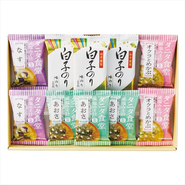 ■商品紹介：丸の内タニタ食堂の減塩みそを使用。みその甘みを活かしたやさしい味わいに、だしを加えておいしく仕上げた、フリーズドライおみそ汁と白子のりとのギフトセット。 丸の内タニタ食堂の減塩みそを使用。みその甘みを活かしたやさしい味わいに、だしを加えておいしく仕上げた、フリーズドライおみそ汁と白子のりとのギフトセット。 ■商品内容：タニタ食堂監修減塩みそ汁（あおさ）・白子のり味のり（8切5枚）×各3、タニタ食堂監修減塩みそ汁（なす・オクラとめかぶ）×各2 ■パッケージサイズ：23×33×4cm ■賞味期限（ある場合）：常温1年 メーカー希望小売価格はメーカーカタログに基づいて掲載しています ■さまざまなギフトアイテムをご用意しております。 内祝　内祝い　お祝い返し　ウェディングギフト　ブライダルギフト　引き出物　引出物　結婚引き出物　結婚引出物　結婚内祝い　出産内祝い 命名内祝い　入園内祝い　入学内祝い　卒園内祝い　卒業内祝い　就職内祝い　新築内祝い　引越し内祝い　快気内祝い　開店内祝い　二次会 披露宴　お祝い　御祝　結婚式　結婚祝い　出産祝い　初節句　七五三　入園祝い　入学祝い　卒園祝い　卒業祝い　成人式　就職祝い　昇進祝い 新築祝い　上棟祝い　引っ越し祝い　引越し祝い　開店祝い　退職祝い　快気祝い　全快祝い　初老祝い　還暦祝い　古稀祝い　喜寿祝い　傘寿祝い 米寿祝い　卒寿祝い　白寿祝い　長寿祝い　金婚式　銀婚式　ダイヤモンド婚式　結婚記念日　ギフト　ギフトセット　セット　詰め合わせ　贈答品　お返し お礼　御礼　ごあいさつ　ご挨拶　御挨拶　プレゼント　お見舞い　お見舞御礼　お餞別　引越し　引越しご挨拶　記念日　誕生日　父の日　母の日　敬老の日 記念品　卒業記念品　定年退職記念品　ゴルフコンペ　コンペ景品　景品　賞品　粗品　お香典返し　香典返し　志　満中陰志　弔事　会葬御礼　法要 法要引き出物　法要引出物　法事　法事引き出物　法事引出物　忌明け　四十九日　七七日忌明け志　一周忌　三回忌　回忌法要　偲び草　粗供養　初盆 供物　お供え　お中元　御中元　お歳暮　御歳暮　お年賀　御年賀　残暑見舞い　年始挨拶　ボーリング大会　景品　レミパン　ゼリー　スターバックス 千疋屋　結婚式　そうめん　ローラアシュレイ　プリン　話題　ディズニー　カタログギフト　ティファール　ビタクラフト　ステンレスタンブラー　リラックマ のし無料　メッセージカード無料　ラッピング無料 ギフトにぴったりのアイテムをご紹介！ 贈り物に悩んでいる方へ、心温まるギフトアイテムを取り揃えました。高品質な食品、ふわふわのタオル、美しい食器、そしてセンスあふれる雑貨まで、幅広いラインナップであなたの大切な人への思いを伝えます。 特徴 高品質：厳選された素材と丁寧な製造工程で作られた商品ばかり。どれも長く愛用いただけます。 多用途：どんなシーンでも使える万能アイテムが揃っています。誕生日、結婚祝い、新築祝いなど、さまざまな場面に最適です。 デザイン：シンプルで洗練されたデザインから、カラフルで個性的なものまで、多彩なバリエーションをご用意。 お手頃価格：高品質ながら手ごろな価格で、コストパフォーマンスも抜群。 おすすめの用途とシーン 誕生日プレゼント：大切な人の特別な日を祝うために、実用的かつ心温まるギフトを。食品やタオルは、日常で役立つアイテムとして喜ばれます。 結婚祝い：新しい生活を始めるカップルに、美しい食器やおしゃれな雑貨を。幸せな家庭を築くお手伝いができます。 新築祝い：新しい家に引っ越した友人や家族へ、インテリアにぴったりの雑貨や実用的なタオルを。快適な生活をサポートします。 お返しギフト：感謝の気持ちを込めて、おしゃれで実用的なアイテムを。食品はもちろん、使い心地の良いタオルや美しい食器も喜ばれます。 季節の贈り物：お中元やお歳暮、季節の挨拶として、季節に合ったギフトを。夏には涼しげな雑貨、冬には温かみのあるタオルや食品が最適です。 贈る相手に合わせたおすすめ グルメな方へ：美味しい食品を贈れば、食卓が一層華やかに。特別な時間を演出します。 家庭的な方へ：ふわふわのタオルや使いやすい食器で、日常生活に彩りを。 オシャレな方へ：センスあふれる雑貨で、インテリアを一層魅力的に。 まとめ あなたの気持ちを込めたギフト選びをお手伝いします。どれも心を込めて選んだアイテムばかりです。大切な人への贈り物として、自信を持っておすすめします。 商品概要 [分類] 以下のような商品をお探しの方にオススメです。スイーツ スィーツ スウィーツ Sweets ケーキ お菓子 洋菓子 デザート おやつ 小腹対策 食品 食べ物 / チョコレートケーキ チョコレート ガトーショコラ チーズケーキ 生菓子 生ケーキ ベイクドチーズケーキ [評価・マスコミ] ランキング1位のおすすめ(お勧め オススメ) インスタ映え SNS 評判 今話題の人気商品 [サービス] 以下のサービスをご利用いだだけます。不可の場合あり。お取り寄せ 全国配送 全国発送 オーダー 注文 デリバリー 取寄せ 宅配 ネット通販 持ち運び可 / 送料無料 送料込み 無料ギフト対応 日持ち長い 長期保存 賞味期限が長い 名入れ 当日発送 お急ぎ便 即日配送 即日発送 翌日配送 翌日発送 前日に買う あす楽 明日楽 即納 翌日 あす着 明日届く 配送日指定可 冷凍保存可 冷凍保管 冷凍便 ギフトラッピング ギフト対応 予約 メッセージ付き 有料メッセージカード 有料お誕生日カード ホワイトデー当日お届け可能 [パッケージ] 　 以下のような包装でお届けします。詰め合わせ セット アソート 化粧箱入り ラッピング不要 個包装 小分け 手提げ袋（有償） 2重梱包 [デザイン] 以下のようなイメージをお求めの方におすすめです。お洒落 可愛い ゴージャス 高級感 プレミアム サプライズ感 美しい インパクト 面白い 珍しい 希少 驚き シンプル 上品 スタイリッシュ エレガント モダン [ご用途] 工夫次第で様々な用途でご利用いただけます。贈り物 プレゼント ギフト プチギフト 贈答品 お祝い 御祝い 退職祝い 内祝い 出産祝い 出産内祝い 入学祝い 卒業祝い ご褒美 手土産 お土産 お使い物 お返し お礼 ご挨拶 ご進物 お配り 配る ばらまき バレンタインデー バレンタインデイ ヴァレンタイン 友チョコ 義理チョコ 本命チョコ 逆チョコ バレンタインチョコ ホワイトデー ホワイトデイ ホワイトデーのお返し 七五三 ひな祭り こどもの日 ハロウィン クリスマス お中元 お年賀 ウインターギフト 御中元 御歳暮 サマーギフト 残暑見舞い お歳暮 母の日 父の日 敬老の日 敬老会記念品 敬老会 結婚祝い 結婚内祝い 結婚記念日 結婚式二次会 二次会のプチギフト 結婚披露宴の引き出物 引き菓子 ウエディングパーティー 成人祝い 長寿祝い 還暦祝い 古希祝い 古稀祝い 喜寿祝い 傘寿祝い 米寿祝い 卒寿祝い 白寿祝い 紀寿祝い 百寿祝い 成人式 セレモニー イベント 内祝い 快気祝い 快気内祝い 出産内祝い 出産祝い 記念日 お返し ご進物 御使い物 お礼 ご挨拶 御礼 ご祝儀 祝儀の品 お使い物 ノベルティー 粗品 景品 長寿 法事 法要 仏事 年忌法事 志 粗供養 供養返し 香典返し 満中陰志 御供え お供え 御供物 弔事 七五三 ひな祭り 入学祝い 卒業祝い 卒園祝い 退職祝い 入社祝い 成人式 成人式のお祝い 朝食 食事代わり ティータイム ブレイクタイム ホームパーティー クリスマスケーキ 誕生日プレゼント 誕生祝い バースデーケーキ 学校 会社 職場 法人 取引先 部活 イベント サークル 介護施設 [おすすめの方] 以下のような様々なお客様にお喜びいただいております。10代 20代 30代 40代 50代 60代 70代 80代 90代 100歳以上 お母さん お父さん ママ パパ 兄弟姉妹 彼氏 彼女 恋人 義理の母 叔父さん 親戚の お嬢さん 大家族 家族 赤ちゃん 祖父 祖母 叔父 叔母 孫 おじいちゃん おばあちゃん じいじ ばあば 夫 旦那 妻 奥様 お嫁さん 奥さん 親 両親 娘 同僚 友達 仲間 友人 親友 上司 部下 先輩 後輩 お世話になった方 恩師 先生 大人数 女友達 法人 女性 男性 大人 子ども 子供用 小学生 中学生 高校生 男の子 女の子 辛党 甘党 甘いものが苦手 高齢者 お年寄り [その他おすすめ] 以下のような商品に興味のある方にもオススメです。大量 大量購入 財布に優しい 大人数 業務用 大量スイーツ お試し コスパ良い /とっておきのギフトを贈る。ギフト専門店のおすすめ商品です丸の内タニタ食堂の減塩みそを使用。みその甘みを活かしたやさしい味わいに、だしを加えておいしく仕上げた、フリーズドライおみそ汁と白子のりとのギフトセット。