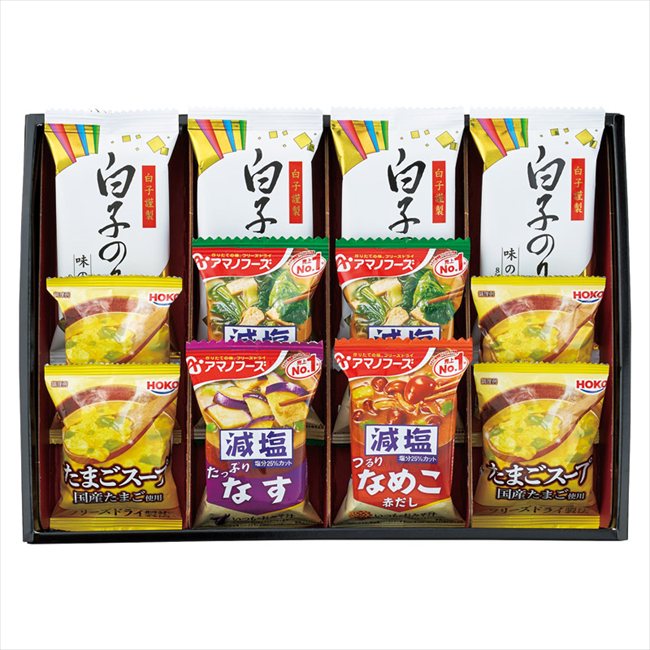 ■商品紹介：アマノフーズのだしの旨みと香りが引き立つ減塩おみそ汁とたまごスープに白子味のリを組み合わせてギフト商品です。 アマノフーズのだしの旨みと香りが引き立つ減塩おみそ汁とたまごスープに白子味のリを組み合わせてギフト商品です。 ■商品内容：宝幸 たまごスープ・白子のり 味のリ（8切5枚）×各4、アマノフーズ減塩いつものおみそ汁（ほうれん草）×2、アマノフーズ減塩いつものおみそ汁（なす・なめこ）×各1 ■パッケージサイズ：24.4×34×4.5cm ■賞味期限（ある場合）：常温10ヶ月 メーカー希望小売価格はメーカーカタログに基づいて掲載しています ■さまざまなギフトアイテムをご用意しております。 内祝　内祝い　お祝い返し　ウェディングギフト　ブライダルギフト　引き出物　引出物　結婚引き出物　結婚引出物　結婚内祝い　出産内祝い 命名内祝い　入園内祝い　入学内祝い　卒園内祝い　卒業内祝い　就職内祝い　新築内祝い　引越し内祝い　快気内祝い　開店内祝い　二次会 披露宴　お祝い　御祝　結婚式　結婚祝い　出産祝い　初節句　七五三　入園祝い　入学祝い　卒園祝い　卒業祝い　成人式　就職祝い　昇進祝い 新築祝い　上棟祝い　引っ越し祝い　引越し祝い　開店祝い　退職祝い　快気祝い　全快祝い　初老祝い　還暦祝い　古稀祝い　喜寿祝い　傘寿祝い 米寿祝い　卒寿祝い　白寿祝い　長寿祝い　金婚式　銀婚式　ダイヤモンド婚式　結婚記念日　ギフト　ギフトセット　セット　詰め合わせ　贈答品　お返し お礼　御礼　ごあいさつ　ご挨拶　御挨拶　プレゼント　お見舞い　お見舞御礼　お餞別　引越し　引越しご挨拶　記念日　誕生日　父の日　母の日　敬老の日 記念品　卒業記念品　定年退職記念品　ゴルフコンペ　コンペ景品　景品　賞品　粗品　お香典返し　香典返し　志　満中陰志　弔事　会葬御礼　法要 法要引き出物　法要引出物　法事　法事引き出物　法事引出物　忌明け　四十九日　七七日忌明け志　一周忌　三回忌　回忌法要　偲び草　粗供養　初盆 供物　お供え　お中元　御中元　お歳暮　御歳暮　お年賀　御年賀　残暑見舞い　年始挨拶　ボーリング大会　景品　レミパン　ゼリー　スターバックス 千疋屋　結婚式　そうめん　ローラアシュレイ　プリン　話題　ディズニー　カタログギフト　ティファール　ビタクラフト　ステンレスタンブラー　リラックマ のし無料　メッセージカード無料　ラッピング無料 ギフトにぴったりのアイテムをご紹介！ 贈り物に悩んでいる方へ、心温まるギフトアイテムを取り揃えました。高品質な食品、ふわふわのタオル、美しい食器、そしてセンスあふれる雑貨まで、幅広いラインナップであなたの大切な人への思いを伝えます。 特徴 高品質：厳選された素材と丁寧な製造工程で作られた商品ばかり。どれも長く愛用いただけます。 多用途：どんなシーンでも使える万能アイテムが揃っています。誕生日、結婚祝い、新築祝いなど、さまざまな場面に最適です。 デザイン：シンプルで洗練されたデザインから、カラフルで個性的なものまで、多彩なバリエーションをご用意。 お手頃価格：高品質ながら手ごろな価格で、コストパフォーマンスも抜群。 おすすめの用途とシーン 誕生日プレゼント：大切な人の特別な日を祝うために、実用的かつ心温まるギフトを。食品やタオルは、日常で役立つアイテムとして喜ばれます。 結婚祝い：新しい生活を始めるカップルに、美しい食器やおしゃれな雑貨を。幸せな家庭を築くお手伝いができます。 新築祝い：新しい家に引っ越した友人や家族へ、インテリアにぴったりの雑貨や実用的なタオルを。快適な生活をサポートします。 お返しギフト：感謝の気持ちを込めて、おしゃれで実用的なアイテムを。食品はもちろん、使い心地の良いタオルや美しい食器も喜ばれます。 季節の贈り物：お中元やお歳暮、季節の挨拶として、季節に合ったギフトを。夏には涼しげな雑貨、冬には温かみのあるタオルや食品が最適です。 贈る相手に合わせたおすすめ グルメな方へ：美味しい食品を贈れば、食卓が一層華やかに。特別な時間を演出します。 家庭的な方へ：ふわふわのタオルや使いやすい食器で、日常生活に彩りを。 オシャレな方へ：センスあふれる雑貨で、インテリアを一層魅力的に。 まとめ あなたの気持ちを込めたギフト選びをお手伝いします。どれも心を込めて選んだアイテムばかりです。大切な人への贈り物として、自信を持っておすすめします。 商品概要 [分類] 以下のような商品をお探しの方にオススメです。スイーツ スィーツ スウィーツ Sweets ケーキ お菓子 洋菓子 デザート おやつ 小腹対策 食品 食べ物 / チョコレートケーキ チョコレート ガトーショコラ チーズケーキ 生菓子 生ケーキ ベイクドチーズケーキ [評価・マスコミ] ランキング1位のおすすめ(お勧め オススメ) インスタ映え SNS 評判 今話題の人気商品 [サービス] 以下のサービスをご利用いだだけます。不可の場合あり。お取り寄せ 全国配送 全国発送 オーダー 注文 デリバリー 取寄せ 宅配 ネット通販 持ち運び可 / 送料無料 送料込み 無料ギフト対応 日持ち長い 長期保存 賞味期限が長い 名入れ 当日発送 お急ぎ便 即日配送 即日発送 翌日配送 翌日発送 前日に買う あす楽 明日楽 即納 翌日 あす着 明日届く 配送日指定可 冷凍保存可 冷凍保管 冷凍便 ギフトラッピング ギフト対応 予約 メッセージ付き 有料メッセージカード 有料お誕生日カード ホワイトデー当日お届け可能 [パッケージ] 　 以下のような包装でお届けします。詰め合わせ セット アソート 化粧箱入り ラッピング不要 個包装 小分け 手提げ袋（有償） 2重梱包 [デザイン] 以下のようなイメージをお求めの方におすすめです。お洒落 可愛い ゴージャス 高級感 プレミアム サプライズ感 美しい インパクト 面白い 珍しい 希少 驚き シンプル 上品 スタイリッシュ エレガント モダン [ご用途] 工夫次第で様々な用途でご利用いただけます。贈り物 プレゼント ギフト プチギフト 贈答品 お祝い 御祝い 退職祝い 内祝い 出産祝い 出産内祝い 入学祝い 卒業祝い ご褒美 手土産 お土産 お使い物 お返し お礼 ご挨拶 ご進物 お配り 配る ばらまき バレンタインデー バレンタインデイ ヴァレンタイン 友チョコ 義理チョコ 本命チョコ 逆チョコ バレンタインチョコ ホワイトデー ホワイトデイ ホワイトデーのお返し 七五三 ひな祭り こどもの日 ハロウィン クリスマス お中元 お年賀 ウインターギフト 御中元 御歳暮 サマーギフト 残暑見舞い お歳暮 母の日 父の日 敬老の日 敬老会記念品 敬老会 結婚祝い 結婚内祝い 結婚記念日 結婚式二次会 二次会のプチギフト 結婚披露宴の引き出物 引き菓子 ウエディングパーティー 成人祝い 長寿祝い 還暦祝い 古希祝い 古稀祝い 喜寿祝い 傘寿祝い 米寿祝い 卒寿祝い 白寿祝い 紀寿祝い 百寿祝い 成人式 セレモニー イベント 内祝い 快気祝い 快気内祝い 出産内祝い 出産祝い 記念日 お返し ご進物 御使い物 お礼 ご挨拶 御礼 ご祝儀 祝儀の品 お使い物 ノベルティー 粗品 景品 長寿 法事 法要 仏事 年忌法事 志 粗供養 供養返し 香典返し 満中陰志 御供え お供え 御供物 弔事 七五三 ひな祭り 入学祝い 卒業祝い 卒園祝い 退職祝い 入社祝い 成人式 成人式のお祝い 朝食 食事代わり ティータイム ブレイクタイム ホームパーティー クリスマスケーキ 誕生日プレゼント 誕生祝い バースデーケーキ 学校 会社 職場 法人 取引先 部活 イベント サークル 介護施設 [おすすめの方] 以下のような様々なお客様にお喜びいただいております。10代 20代 30代 40代 50代 60代 70代 80代 90代 100歳以上 お母さん お父さん ママ パパ 兄弟姉妹 彼氏 彼女 恋人 義理の母 叔父さん 親戚の お嬢さん 大家族 家族 赤ちゃん 祖父 祖母 叔父 叔母 孫 おじいちゃん おばあちゃん じいじ ばあば 夫 旦那 妻 奥様 お嫁さん 奥さん 親 両親 娘 同僚 友達 仲間 友人 親友 上司 部下 先輩 後輩 お世話になった方 恩師 先生 大人数 女友達 法人 女性 男性 大人 子ども 子供用 小学生 中学生 高校生 男の子 女の子 辛党 甘党 甘いものが苦手 高齢者 お年寄り [その他おすすめ] 以下のような商品に興味のある方にもオススメです。大量 大量購入 財布に優しい 大人数 業務用 大量スイーツ お試し コスパ良い /とっておきのギフトを贈る。ギフト専門店のおすすめ商品ですアマノフーズのだしの旨みと香りが引き立つ減塩おみそ汁とたまごスープに白子味のリを組み合わせてギフト商品です。