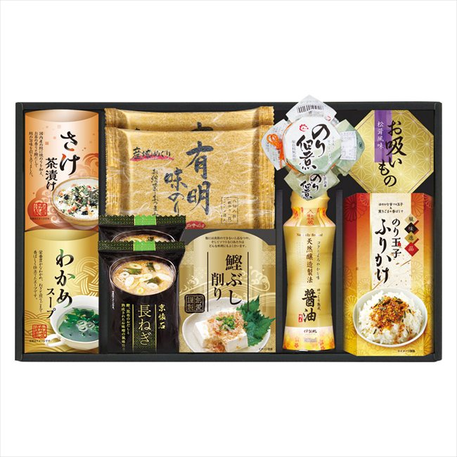 ■商品紹介： ■商品内容：白子有明味のり（8切8枚）・マルコメ京懐石長ねぎのおみそ汁（15.7g）×各2、さけ茶漬け（4.7g×2）・わかめスープ（5.3g×2）・鰹節削り（2g×2）・島の香のり佃煮（80g）・永谷園お吸いもの松茸風味（2.3g×2）・のり玉子ふりかけ（4.5g×2）・伊賀越天然醸造しょうゆ（200ml）×各1 ■パッケージサイズ：25×42.5×7cm ■賞味期限（ある場合）：常温1年1ヶ月 メーカー希望小売価格はメーカーカタログに基づいて掲載しています ■さまざまなギフトアイテムをご用意しております。 内祝　内祝い　お祝い返し　ウェディングギフト　ブライダルギフト　引き出物　引出物　結婚引き出物　結婚引出物　結婚内祝い　出産内祝い 命名内祝い　入園内祝い　入学内祝い　卒園内祝い　卒業内祝い　就職内祝い　新築内祝い　引越し内祝い　快気内祝い　開店内祝い　二次会 披露宴　お祝い　御祝　結婚式　結婚祝い　出産祝い　初節句　七五三　入園祝い　入学祝い　卒園祝い　卒業祝い　成人式　就職祝い　昇進祝い 新築祝い　上棟祝い　引っ越し祝い　引越し祝い　開店祝い　退職祝い　快気祝い　全快祝い　初老祝い　還暦祝い　古稀祝い　喜寿祝い　傘寿祝い 米寿祝い　卒寿祝い　白寿祝い　長寿祝い　金婚式　銀婚式　ダイヤモンド婚式　結婚記念日　ギフト　ギフトセット　セット　詰め合わせ　贈答品　お返し お礼　御礼　ごあいさつ　ご挨拶　御挨拶　プレゼント　お見舞い　お見舞御礼　お餞別　引越し　引越しご挨拶　記念日　誕生日　父の日　母の日　敬老の日 記念品　卒業記念品　定年退職記念品　ゴルフコンペ　コンペ景品　景品　賞品　粗品　お香典返し　香典返し　志　満中陰志　弔事　会葬御礼　法要 法要引き出物　法要引出物　法事　法事引き出物　法事引出物　忌明け　四十九日　七七日忌明け志　一周忌　三回忌　回忌法要　偲び草　粗供養　初盆 供物　お供え　お中元　御中元　お歳暮　御歳暮　お年賀　御年賀　残暑見舞い　年始挨拶　ボーリング大会　景品　レミパン　ゼリー　スターバックス 千疋屋　結婚式　そうめん　ローラアシュレイ　プリン　話題　ディズニー　カタログギフト　ティファール　ビタクラフト　ステンレスタンブラー　リラックマ のし無料　メッセージカード無料　ラッピング無料 ギフトにぴったりのアイテムをご紹介！ 贈り物に悩んでいる方へ、心温まるギフトアイテムを取り揃えました。高品質な食品、ふわふわのタオル、美しい食器、そしてセンスあふれる雑貨まで、幅広いラインナップであなたの大切な人への思いを伝えます。 特徴 高品質：厳選された素材と丁寧な製造工程で作られた商品ばかり。どれも長く愛用いただけます。 多用途：どんなシーンでも使える万能アイテムが揃っています。誕生日、結婚祝い、新築祝いなど、さまざまな場面に最適です。 デザイン：シンプルで洗練されたデザインから、カラフルで個性的なものまで、多彩なバリエーションをご用意。 お手頃価格：高品質ながら手ごろな価格で、コストパフォーマンスも抜群。 おすすめの用途とシーン 誕生日プレゼント：大切な人の特別な日を祝うために、実用的かつ心温まるギフトを。食品やタオルは、日常で役立つアイテムとして喜ばれます。 結婚祝い：新しい生活を始めるカップルに、美しい食器やおしゃれな雑貨を。幸せな家庭を築くお手伝いができます。 新築祝い：新しい家に引っ越した友人や家族へ、インテリアにぴったりの雑貨や実用的なタオルを。快適な生活をサポートします。 お返しギフト：感謝の気持ちを込めて、おしゃれで実用的なアイテムを。食品はもちろん、使い心地の良いタオルや美しい食器も喜ばれます。 季節の贈り物：お中元やお歳暮、季節の挨拶として、季節に合ったギフトを。夏には涼しげな雑貨、冬には温かみのあるタオルや食品が最適です。 贈る相手に合わせたおすすめ グルメな方へ：美味しい食品を贈れば、食卓が一層華やかに。特別な時間を演出します。 家庭的な方へ：ふわふわのタオルや使いやすい食器で、日常生活に彩りを。 オシャレな方へ：センスあふれる雑貨で、インテリアを一層魅力的に。 まとめ あなたの気持ちを込めたギフト選びをお手伝いします。どれも心を込めて選んだアイテムばかりです。大切な人への贈り物として、自信を持っておすすめします。 商品概要 [分類] 以下のような商品をお探しの方にオススメです。スイーツ スィーツ スウィーツ Sweets ケーキ お菓子 洋菓子 デザート おやつ 小腹対策 食品 食べ物 / チョコレートケーキ チョコレート ガトーショコラ チーズケーキ 生菓子 生ケーキ ベイクドチーズケーキ [評価・マスコミ] ランキング1位のおすすめ(お勧め オススメ) インスタ映え SNS 評判 今話題の人気商品 [サービス] 以下のサービスをご利用いだだけます。不可の場合あり。お取り寄せ 全国配送 全国発送 オーダー 注文 デリバリー 取寄せ 宅配 ネット通販 持ち運び可 / 送料無料 送料込み 無料ギフト対応 日持ち長い 長期保存 賞味期限が長い 名入れ 当日発送 お急ぎ便 即日配送 即日発送 翌日配送 翌日発送 前日に買う あす楽 明日楽 即納 翌日 あす着 明日届く 配送日指定可 冷凍保存可 冷凍保管 冷凍便 ギフトラッピング ギフト対応 予約 メッセージ付き 有料メッセージカード 有料お誕生日カード ホワイトデー当日お届け可能 [パッケージ] 　 以下のような包装でお届けします。詰め合わせ セット アソート 化粧箱入り ラッピング不要 個包装 小分け 手提げ袋（有償） 2重梱包 [デザイン] 以下のようなイメージをお求めの方におすすめです。お洒落 可愛い ゴージャス 高級感 プレミアム サプライズ感 美しい インパクト 面白い 珍しい 希少 驚き シンプル 上品 スタイリッシュ エレガント モダン [ご用途] 工夫次第で様々な用途でご利用いただけます。贈り物 プレゼント ギフト プチギフト 贈答品 お祝い 御祝い 退職祝い 内祝い 出産祝い 出産内祝い 入学祝い 卒業祝い ご褒美 手土産 お土産 お使い物 お返し お礼 ご挨拶 ご進物 お配り 配る ばらまき バレンタインデー バレンタインデイ ヴァレンタイン 友チョコ 義理チョコ 本命チョコ 逆チョコ バレンタインチョコ ホワイトデー ホワイトデイ ホワイトデーのお返し 七五三 ひな祭り こどもの日 ハロウィン クリスマス お中元 お年賀 ウインターギフト 御中元 御歳暮 サマーギフト 残暑見舞い お歳暮 母の日 父の日 敬老の日 敬老会記念品 敬老会 結婚祝い 結婚内祝い 結婚記念日 結婚式二次会 二次会のプチギフト 結婚披露宴の引き出物 引き菓子 ウエディングパーティー 成人祝い 長寿祝い 還暦祝い 古希祝い 古稀祝い 喜寿祝い 傘寿祝い 米寿祝い 卒寿祝い 白寿祝い 紀寿祝い 百寿祝い 成人式 セレモニー イベント 内祝い 快気祝い 快気内祝い 出産内祝い 出産祝い 記念日 お返し ご進物 御使い物 お礼 ご挨拶 御礼 ご祝儀 祝儀の品 お使い物 ノベルティー 粗品 景品 長寿 法事 法要 仏事 年忌法事 志 粗供養 供養返し 香典返し 満中陰志 御供え お供え 御供物 弔事 七五三 ひな祭り 入学祝い 卒業祝い 卒園祝い 退職祝い 入社祝い 成人式 成人式のお祝い 朝食 食事代わり ティータイム ブレイクタイム ホームパーティー クリスマスケーキ 誕生日プレゼント 誕生祝い バースデーケーキ 学校 会社 職場 法人 取引先 部活 イベント サークル 介護施設 [おすすめの方] 以下のような様々なお客様にお喜びいただいております。10代 20代 30代 40代 50代 60代 70代 80代 90代 100歳以上 お母さん お父さん ママ パパ 兄弟姉妹 彼氏 彼女 恋人 義理の母 叔父さん 親戚の お嬢さん 大家族 家族 赤ちゃん 祖父 祖母 叔父 叔母 孫 おじいちゃん おばあちゃん じいじ ばあば 夫 旦那 妻 奥様 お嫁さん 奥さん 親 両親 娘 同僚 友達 仲間 友人 親友 上司 部下 先輩 後輩 お世話になった方 恩師 先生 大人数 女友達 法人 女性 男性 大人 子ども 子供用 小学生 中学生 高校生 男の子 女の子 辛党 甘党 甘いものが苦手 高齢者 お年寄り [その他おすすめ] 以下のような商品に興味のある方にもオススメです。大量 大量購入 財布に優しい 大人数 業務用 大量スイーツ お試し コスパ良い /とっておきのギフトを贈る。ギフト専門店のおすすめ商品です