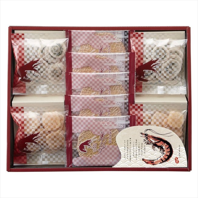 ■商品紹介：赤えびを使用し焼き上げた、ヘルシー志向のノンフライ製法のおせんべい。二度焼き製法で優しい食感に作ったうず巻・えび松風。えびせんべいの原料として最適な海老を使用しこだわりの製法で仕上げました。 ■商品内容：赤えびせんべい（1枚）×...