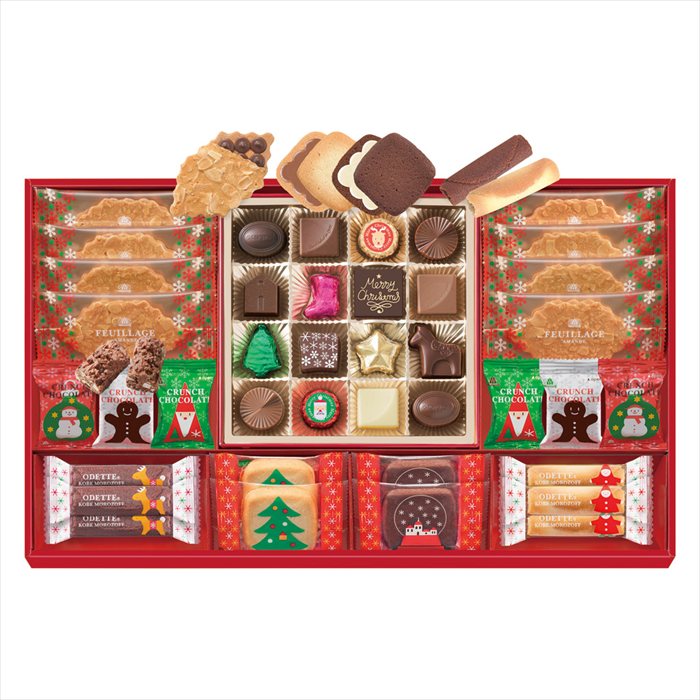 ■お歳暮専用商品となります。商品出荷日：11月4日から12月10日ごろ クリスマスファンシーチョコレート×16、オデット×10、ファヤージュ×8、クランチチョコレート×6 ■商品紹介：可愛いクリスマスパッケージのモロゾフ人気のギフトです。ツリーや星形のチョコレートなど、可愛いパッケージがクリスマスの贈り物にぴったりです。 ■パッケージサイズ：26.6×45.1×4.9 ■商品重量（kg）：1 ■賞味期限・アレルゲン表示常温270日　卵・小麦・乳 メーカー希望小売価格はメーカーカタログに基づいて掲載しています ■さまざまなギフトアイテムをご用意しております。 内祝　内祝い　お祝い返し　ウェディングギフト　ブライダルギフト　引き出物　引出物　結婚引き出物　結婚引出物　結婚内祝い　出産内祝い 命名内祝い　入園内祝い　入学内祝い　卒園内祝い　卒業内祝い　就職内祝い　新築内祝い　引越し内祝い　快気内祝い　開店内祝い　二次会 披露宴　お祝い　御祝　結婚式　結婚祝い　出産祝い　初節句　七五三　入園祝い　入学祝い　卒園祝い　卒業祝い　成人式　就職祝い　昇進祝い 新築祝い　上棟祝い　引っ越し祝い　引越し祝い　開店祝い　退職祝い　快気祝い　全快祝い　初老祝い　還暦祝い　古稀祝い　喜寿祝い　傘寿祝い 米寿祝い　卒寿祝い　白寿祝い　長寿祝い　金婚式　銀婚式　ダイヤモンド婚式　結婚記念日　ギフト　ギフトセット　セット　詰め合わせ　贈答品　お返し お礼　御礼　ごあいさつ　ご挨拶　御挨拶　プレゼント　お見舞い　お見舞御礼　お餞別　引越し　引越しご挨拶　記念日　誕生日　父の日　母の日　敬老の日 記念品　卒業記念品　定年退職記念品　ゴルフコンペ　コンペ景品　景品　賞品　粗品　お香典返し　香典返し　志　満中陰志　弔事　会葬御礼　法要 法要引き出物　法要引出物　法事　法事引き出物　法事引出物　忌明け　四十九日　七七日忌明け志　一周忌　三回忌　回忌法要　偲び草　粗供養　初盆 供物　お供え　お中元　御中元　お歳暮　御歳暮　お年賀　御年賀　残暑見舞い　年始挨拶　ボーリング大会　景品　レミパン　ゼリー　スターバックス 千疋屋　結婚式　そうめん　ローラアシュレイ　プリン　話題　ディズニー　カタログギフト　ティファール　ビタクラフト　ステンレスタンブラー　リラックマ のし無料　メッセージカード無料　ラッピング無料 ギフトにぴったりのアイテムをご紹介！ 贈り物に悩んでいる方へ、心温まるギフトアイテムを取り揃えました。高品質な食品、ふわふわのタオル、美しい食器、そしてセンスあふれる雑貨まで、幅広いラインナップであなたの大切な人への思いを伝えます。 特徴 高品質：厳選された素材と丁寧な製造工程で作られた商品ばかり。どれも長く愛用いただけます。 多用途：どんなシーンでも使える万能アイテムが揃っています。誕生日、結婚祝い、新築祝いなど、さまざまな場面に最適です。 デザイン：シンプルで洗練されたデザインから、カラフルで個性的なものまで、多彩なバリエーションをご用意。 お手頃価格：高品質ながら手ごろな価格で、コストパフォーマンスも抜群。 おすすめの用途とシーン 誕生日プレゼント：大切な人の特別な日を祝うために、実用的かつ心温まるギフトを。食品やタオルは、日常で役立つアイテムとして喜ばれます。 結婚祝い：新しい生活を始めるカップルに、美しい食器やおしゃれな雑貨を。幸せな家庭を築くお手伝いができます。 新築祝い：新しい家に引っ越した友人や家族へ、インテリアにぴったりの雑貨や実用的なタオルを。快適な生活をサポートします。 お返しギフト：感謝の気持ちを込めて、おしゃれで実用的なアイテムを。食品はもちろん、使い心地の良いタオルや美しい食器も喜ばれます。 季節の贈り物：お中元やお歳暮、季節の挨拶として、季節に合ったギフトを。夏には涼しげな雑貨、冬には温かみのあるタオルや食品が最適です。 贈る相手に合わせたおすすめ グルメな方へ：美味しい食品を贈れば、食卓が一層華やかに。特別な時間を演出します。 家庭的な方へ：ふわふわのタオルや使いやすい食器で、日常生活に彩りを。 オシャレな方へ：センスあふれる雑貨で、インテリアを一層魅力的に。 まとめ あなたの気持ちを込めたギフト選びをお手伝いします。どれも心を込めて選んだアイテムばかりです。大切な人への贈り物として、自信を持っておすすめします。 商品概要 [分類] 以下のような商品をお探しの方にオススメです。スイーツ スィーツ スウィーツ Sweets ケーキ お菓子 洋菓子 デザート おやつ 小腹対策 食品 食べ物 / チョコレートケーキ チョコレート ガトーショコラ チーズケーキ 生菓子 生ケーキ ベイクドチーズケーキ [評価・マスコミ] ランキング1位のおすすめ(お勧め オススメ) インスタ映え SNS 評判 今話題の人気商品 [サービス] 以下のサービスをご利用いだだけます。不可の場合あり。お取り寄せ 全国配送 全国発送 オーダー 注文 デリバリー 取寄せ 宅配 ネット通販 持ち運び可 / 送料無料 送料込み 無料ギフト対応 日持ち長い 長期保存 賞味期限が長い 名入れ 当日発送 お急ぎ便 即日配送 即日発送 翌日配送 翌日発送 前日に買う あす楽 明日楽 即納 翌日 あす着 明日届く 配送日指定可 冷凍保存可 冷凍保管 冷凍便 ギフトラッピング ギフト対応 予約 メッセージ付き 有料メッセージカード 有料お誕生日カード ホワイトデー当日お届け可能 [パッケージ] 　 以下のような包装でお届けします。詰め合わせ セット アソート 化粧箱入り ラッピング不要 個包装 小分け 手提げ袋（有償） 2重梱包 [デザイン] 以下のようなイメージをお求めの方におすすめです。お洒落 可愛い ゴージャス 高級感 プレミアム サプライズ感 美しい インパクト 面白い 珍しい 希少 驚き シンプル 上品 スタイリッシュ エレガント モダン [ご用途] 工夫次第で様々な用途でご利用いただけます。贈り物 プレゼント ギフト プチギフト 贈答品 お祝い 御祝い 退職祝い 内祝い 出産祝い 出産内祝い 入学祝い 卒業祝い ご褒美 手土産 お土産 お使い物 お返し お礼 ご挨拶 ご進物 お配り 配る ばらまき バレンタインデー バレンタインデイ ヴァレンタイン 友チョコ 義理チョコ 本命チョコ 逆チョコ バレンタインチョコ ホワイトデー ホワイトデイ ホワイトデーのお返し 七五三 ひな祭り こどもの日 ハロウィン クリスマス お中元 お年賀 ウインターギフト 御中元 御歳暮 サマーギフト 残暑見舞い お歳暮 母の日 父の日 敬老の日 敬老会記念品 敬老会 結婚祝い 結婚内祝い 結婚記念日 結婚式二次会 二次会のプチギフト 結婚披露宴の引き出物 引き菓子 ウエディングパーティー 成人祝い 長寿祝い 還暦祝い 古希祝い 古稀祝い 喜寿祝い 傘寿祝い 米寿祝い 卒寿祝い 白寿祝い 紀寿祝い 百寿祝い 成人式 セレモニー イベント 内祝い 快気祝い 快気内祝い 出産内祝い 出産祝い 記念日 お返し ご進物 御使い物 お礼 ご挨拶 御礼 ご祝儀 祝儀の品 お使い物 ノベルティー 粗品 景品 長寿 法事 法要 仏事 年忌法事 志 粗供養 供養返し 香典返し 満中陰志 御供え お供え 御供物 弔事 七五三 ひな祭り 入学祝い 卒業祝い 卒園祝い 退職祝い 入社祝い 成人式 成人式のお祝い 朝食 食事代わり ティータイム ブレイクタイム ホームパーティー クリスマスケーキ 誕生日プレゼント 誕生祝い バースデーケーキ 学校 会社 職場 法人 取引先 部活 イベント サークル 介護施設 [おすすめの方] 以下のような様々なお客様にお喜びいただいております。10代 20代 30代 40代 50代 60代 70代 80代 90代 100歳以上 お母さん お父さん ママ パパ 兄弟姉妹 彼氏 彼女 恋人 義理の母 叔父さん 親戚の お嬢さん 大家族 家族 赤ちゃん 祖父 祖母 叔父 叔母 孫 おじいちゃん おばあちゃん じいじ ばあば 夫 旦那 妻 奥様 お嫁さん 奥さん 親 両親 娘 同僚 友達 仲間 友人 親友 上司 部下 先輩 後輩 お世話になった方 恩師 先生 大人数 女友達 法人 女性 男性 大人 子ども 子供用 小学生 中学生 高校生 男の子 女の子 辛党 甘党 甘いものが苦手 高齢者 お年寄り [その他おすすめ] 以下のような商品に興味のある方にもオススメです。大量 大量購入 財布に優しい 大人数 業務用 大量スイーツ お試し コスパ良い /可愛いクリスマスパッケージのモロゾフ人気のギフトです。ツリーや星形のチョコレートなど、可愛いパッケージがクリスマスの贈り物にぴったりです。