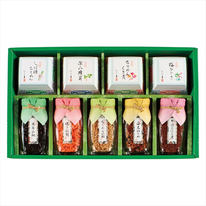 ■お歳暮専用商品となります。商品出荷日：11月4日から12月10日ごろ 海老わかめ（65g）・牛肉おぼろ煮・深山椎茸（各60g）・木耳山椒（55g）・梅ひじき・ちりめんくぎ煮・しば漬ちりめん（各50g）・焼き紅鮭（43g）・ちりめん山椒（30g）×各1 ■商品紹介： ■パッケージサイズ：22.7×38.5×5.7 ■商品重量（kg）：1.7 ■賞味期限・アレルゲン表示常温6ヶ月　小麦・えび メーカー希望小売価格はメーカーカタログに基づいて掲載しています ■さまざまなギフトアイテムをご用意しております。 内祝　内祝い　お祝い返し　ウェディングギフト　ブライダルギフト　引き出物　引出物　結婚引き出物　結婚引出物　結婚内祝い　出産内祝い 命名内祝い　入園内祝い　入学内祝い　卒園内祝い　卒業内祝い　就職内祝い　新築内祝い　引越し内祝い　快気内祝い　開店内祝い　二次会 披露宴　お祝い　御祝　結婚式　結婚祝い　出産祝い　初節句　七五三　入園祝い　入学祝い　卒園祝い　卒業祝い　成人式　就職祝い　昇進祝い 新築祝い　上棟祝い　引っ越し祝い　引越し祝い　開店祝い　退職祝い　快気祝い　全快祝い　初老祝い　還暦祝い　古稀祝い　喜寿祝い　傘寿祝い 米寿祝い　卒寿祝い　白寿祝い　長寿祝い　金婚式　銀婚式　ダイヤモンド婚式　結婚記念日　ギフト　ギフトセット　セット　詰め合わせ　贈答品　お返し お礼　御礼　ごあいさつ　ご挨拶　御挨拶　プレゼント　お見舞い　お見舞御礼　お餞別　引越し　引越しご挨拶　記念日　誕生日　父の日　母の日　敬老の日 記念品　卒業記念品　定年退職記念品　ゴルフコンペ　コンペ景品　景品　賞品　粗品　お香典返し　香典返し　志　満中陰志　弔事　会葬御礼　法要 法要引き出物　法要引出物　法事　法事引き出物　法事引出物　忌明け　四十九日　七七日忌明け志　一周忌　三回忌　回忌法要　偲び草　粗供養　初盆 供物　お供え　お中元　御中元　お歳暮　御歳暮　お年賀　御年賀　残暑見舞い　年始挨拶　ボーリング大会　景品　レミパン　ゼリー　スターバックス 千疋屋　結婚式　そうめん　ローラアシュレイ　プリン　話題　ディズニー　カタログギフト　ティファール　ビタクラフト　ステンレスタンブラー　リラックマ のし無料　メッセージカード無料　ラッピング無料 ギフトにぴったりのアイテムをご紹介！ 贈り物に悩んでいる方へ、心温まるギフトアイテムを取り揃えました。高品質な食品、ふわふわのタオル、美しい食器、そしてセンスあふれる雑貨まで、幅広いラインナップであなたの大切な人への思いを伝えます。 特徴 高品質：厳選された素材と丁寧な製造工程で作られた商品ばかり。どれも長く愛用いただけます。 多用途：どんなシーンでも使える万能アイテムが揃っています。誕生日、結婚祝い、新築祝いなど、さまざまな場面に最適です。 デザイン：シンプルで洗練されたデザインから、カラフルで個性的なものまで、多彩なバリエーションをご用意。 お手頃価格：高品質ながら手ごろな価格で、コストパフォーマンスも抜群。 おすすめの用途とシーン 誕生日プレゼント：大切な人の特別な日を祝うために、実用的かつ心温まるギフトを。食品やタオルは、日常で役立つアイテムとして喜ばれます。 結婚祝い：新しい生活を始めるカップルに、美しい食器やおしゃれな雑貨を。幸せな家庭を築くお手伝いができます。 新築祝い：新しい家に引っ越した友人や家族へ、インテリアにぴったりの雑貨や実用的なタオルを。快適な生活をサポートします。 お返しギフト：感謝の気持ちを込めて、おしゃれで実用的なアイテムを。食品はもちろん、使い心地の良いタオルや美しい食器も喜ばれます。 季節の贈り物：お中元やお歳暮、季節の挨拶として、季節に合ったギフトを。夏には涼しげな雑貨、冬には温かみのあるタオルや食品が最適です。 贈る相手に合わせたおすすめ グルメな方へ：美味しい食品を贈れば、食卓が一層華やかに。特別な時間を演出します。 家庭的な方へ：ふわふわのタオルや使いやすい食器で、日常生活に彩りを。 オシャレな方へ：センスあふれる雑貨で、インテリアを一層魅力的に。 まとめ あなたの気持ちを込めたギフト選びをお手伝いします。どれも心を込めて選んだアイテムばかりです。大切な人への贈り物として、自信を持っておすすめします。 商品概要 [分類] 以下のような商品をお探しの方にオススメです。スイーツ スィーツ スウィーツ Sweets ケーキ お菓子 洋菓子 デザート おやつ 小腹対策 食品 食べ物 / チョコレートケーキ チョコレート ガトーショコラ チーズケーキ 生菓子 生ケーキ ベイクドチーズケーキ [評価・マスコミ] ランキング1位のおすすめ(お勧め オススメ) インスタ映え SNS 評判 今話題の人気商品 [サービス] 以下のサービスをご利用いだだけます。不可の場合あり。お取り寄せ 全国配送 全国発送 オーダー 注文 デリバリー 取寄せ 宅配 ネット通販 持ち運び可 / 送料無料 送料込み 無料ギフト対応 日持ち長い 長期保存 賞味期限が長い 名入れ 当日発送 お急ぎ便 即日配送 即日発送 翌日配送 翌日発送 前日に買う あす楽 明日楽 即納 翌日 あす着 明日届く 配送日指定可 冷凍保存可 冷凍保管 冷凍便 ギフトラッピング ギフト対応 予約 メッセージ付き 有料メッセージカード 有料お誕生日カード ホワイトデー当日お届け可能 [パッケージ] 　 以下のような包装でお届けします。詰め合わせ セット アソート 化粧箱入り ラッピング不要 個包装 小分け 手提げ袋（有償） 2重梱包 [デザイン] 以下のようなイメージをお求めの方におすすめです。お洒落 可愛い ゴージャス 高級感 プレミアム サプライズ感 美しい インパクト 面白い 珍しい 希少 驚き シンプル 上品 スタイリッシュ エレガント モダン [ご用途] 工夫次第で様々な用途でご利用いただけます。贈り物 プレゼント ギフト プチギフト 贈答品 お祝い 御祝い 退職祝い 内祝い 出産祝い 出産内祝い 入学祝い 卒業祝い ご褒美 手土産 お土産 お使い物 お返し お礼 ご挨拶 ご進物 お配り 配る ばらまき バレンタインデー バレンタインデイ ヴァレンタイン 友チョコ 義理チョコ 本命チョコ 逆チョコ バレンタインチョコ ホワイトデー ホワイトデイ ホワイトデーのお返し 七五三 ひな祭り こどもの日 ハロウィン クリスマス お中元 お年賀 ウインターギフト 御中元 御歳暮 サマーギフト 残暑見舞い お歳暮 母の日 父の日 敬老の日 敬老会記念品 敬老会 結婚祝い 結婚内祝い 結婚記念日 結婚式二次会 二次会のプチギフト 結婚披露宴の引き出物 引き菓子 ウエディングパーティー 成人祝い 長寿祝い 還暦祝い 古希祝い 古稀祝い 喜寿祝い 傘寿祝い 米寿祝い 卒寿祝い 白寿祝い 紀寿祝い 百寿祝い 成人式 セレモニー イベント 内祝い 快気祝い 快気内祝い 出産内祝い 出産祝い 記念日 お返し ご進物 御使い物 お礼 ご挨拶 御礼 ご祝儀 祝儀の品 お使い物 ノベルティー 粗品 景品 長寿 法事 法要 仏事 年忌法事 志 粗供養 供養返し 香典返し 満中陰志 御供え お供え 御供物 弔事 七五三 ひな祭り 入学祝い 卒業祝い 卒園祝い 退職祝い 入社祝い 成人式 成人式のお祝い 朝食 食事代わり ティータイム ブレイクタイム ホームパーティー クリスマスケーキ 誕生日プレゼント 誕生祝い バースデーケーキ 学校 会社 職場 法人 取引先 部活 イベント サークル 介護施設 [おすすめの方] 以下のような様々なお客様にお喜びいただいております。10代 20代 30代 40代 50代 60代 70代 80代 90代 100歳以上 お母さん お父さん ママ パパ 兄弟姉妹 彼氏 彼女 恋人 義理の母 叔父さん 親戚の お嬢さん 大家族 家族 赤ちゃん 祖父 祖母 叔父 叔母 孫 おじいちゃん おばあちゃん じいじ ばあば 夫 旦那 妻 奥様 お嫁さん 奥さん 親 両親 娘 同僚 友達 仲間 友人 親友 上司 部下 先輩 後輩 お世話になった方 恩師 先生 大人数 女友達 法人 女性 男性 大人 子ども 子供用 小学生 中学生 高校生 男の子 女の子 辛党 甘党 甘いものが苦手 高齢者 お年寄り [その他おすすめ] 以下のような商品に興味のある方にもオススメです。大量 大量購入 財布に優しい 大人数 業務用 大量スイーツ お試し コスパ良い /