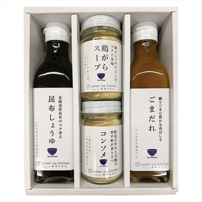 ■お歳暮専用商品となります。商品出荷日：11月4日から12月10日ごろ ごまだれ（245g）・昆布しょうゆ（235g）・コンソメ（70g）・鶏がらスープ（65g）×各1 ■商品紹介： ■パッケージサイズ：20.5×16.5×6 ■商品重量（kg）：1.5 ■賞味期限・アレルゲン表示常温1年　小麦 メーカー希望小売価格はメーカーカタログに基づいて掲載しています ■さまざまなギフトアイテムをご用意しております。 内祝　内祝い　お祝い返し　ウェディングギフト　ブライダルギフト　引き出物　引出物　結婚引き出物　結婚引出物　結婚内祝い　出産内祝い 命名内祝い　入園内祝い　入学内祝い　卒園内祝い　卒業内祝い　就職内祝い　新築内祝い　引越し内祝い　快気内祝い　開店内祝い　二次会 披露宴　お祝い　御祝　結婚式　結婚祝い　出産祝い　初節句　七五三　入園祝い　入学祝い　卒園祝い　卒業祝い　成人式　就職祝い　昇進祝い 新築祝い　上棟祝い　引っ越し祝い　引越し祝い　開店祝い　退職祝い　快気祝い　全快祝い　初老祝い　還暦祝い　古稀祝い　喜寿祝い　傘寿祝い 米寿祝い　卒寿祝い　白寿祝い　長寿祝い　金婚式　銀婚式　ダイヤモンド婚式　結婚記念日　ギフト　ギフトセット　セット　詰め合わせ　贈答品　お返し お礼　御礼　ごあいさつ　ご挨拶　御挨拶　プレゼント　お見舞い　お見舞御礼　お餞別　引越し　引越しご挨拶　記念日　誕生日　父の日　母の日　敬老の日 記念品　卒業記念品　定年退職記念品　ゴルフコンペ　コンペ景品　景品　賞品　粗品　お香典返し　香典返し　志　満中陰志　弔事　会葬御礼　法要 法要引き出物　法要引出物　法事　法事引き出物　法事引出物　忌明け　四十九日　七七日忌明け志　一周忌　三回忌　回忌法要　偲び草　粗供養　初盆 供物　お供え　お中元　御中元　お歳暮　御歳暮　お年賀　御年賀　残暑見舞い　年始挨拶　ボーリング大会　景品　レミパン　ゼリー　スターバックス 千疋屋　結婚式　そうめん　ローラアシュレイ　プリン　話題　ディズニー　カタログギフト　ティファール　ビタクラフト　ステンレスタンブラー　リラックマ のし無料　メッセージカード無料　ラッピング無料 ギフトにぴったりのアイテムをご紹介！ 贈り物に悩んでいる方へ、心温まるギフトアイテムを取り揃えました。高品質な食品、ふわふわのタオル、美しい食器、そしてセンスあふれる雑貨まで、幅広いラインナップであなたの大切な人への思いを伝えます。 特徴 高品質：厳選された素材と丁寧な製造工程で作られた商品ばかり。どれも長く愛用いただけます。 多用途：どんなシーンでも使える万能アイテムが揃っています。誕生日、結婚祝い、新築祝いなど、さまざまな場面に最適です。 デザイン：シンプルで洗練されたデザインから、カラフルで個性的なものまで、多彩なバリエーションをご用意。 お手頃価格：高品質ながら手ごろな価格で、コストパフォーマンスも抜群。 おすすめの用途とシーン 誕生日プレゼント：大切な人の特別な日を祝うために、実用的かつ心温まるギフトを。食品やタオルは、日常で役立つアイテムとして喜ばれます。 結婚祝い：新しい生活を始めるカップルに、美しい食器やおしゃれな雑貨を。幸せな家庭を築くお手伝いができます。 新築祝い：新しい家に引っ越した友人や家族へ、インテリアにぴったりの雑貨や実用的なタオルを。快適な生活をサポートします。 お返しギフト：感謝の気持ちを込めて、おしゃれで実用的なアイテムを。食品はもちろん、使い心地の良いタオルや美しい食器も喜ばれます。 季節の贈り物：お中元やお歳暮、季節の挨拶として、季節に合ったギフトを。夏には涼しげな雑貨、冬には温かみのあるタオルや食品が最適です。 贈る相手に合わせたおすすめ グルメな方へ：美味しい食品を贈れば、食卓が一層華やかに。特別な時間を演出します。 家庭的な方へ：ふわふわのタオルや使いやすい食器で、日常生活に彩りを。 オシャレな方へ：センスあふれる雑貨で、インテリアを一層魅力的に。 まとめ あなたの気持ちを込めたギフト選びをお手伝いします。どれも心を込めて選んだアイテムばかりです。大切な人への贈り物として、自信を持っておすすめします。 商品概要 [分類] 以下のような商品をお探しの方にオススメです。スイーツ スィーツ スウィーツ Sweets ケーキ お菓子 洋菓子 デザート おやつ 小腹対策 食品 食べ物 / チョコレートケーキ チョコレート ガトーショコラ チーズケーキ 生菓子 生ケーキ ベイクドチーズケーキ [評価・マスコミ] ランキング1位のおすすめ(お勧め オススメ) インスタ映え SNS 評判 今話題の人気商品 [サービス] 以下のサービスをご利用いだだけます。不可の場合あり。お取り寄せ 全国配送 全国発送 オーダー 注文 デリバリー 取寄せ 宅配 ネット通販 持ち運び可 / 送料無料 送料込み 無料ギフト対応 日持ち長い 長期保存 賞味期限が長い 名入れ 当日発送 お急ぎ便 即日配送 即日発送 翌日配送 翌日発送 前日に買う あす楽 明日楽 即納 翌日 あす着 明日届く 配送日指定可 冷凍保存可 冷凍保管 冷凍便 ギフトラッピング ギフト対応 予約 メッセージ付き 有料メッセージカード 有料お誕生日カード ホワイトデー当日お届け可能 [パッケージ] 　 以下のような包装でお届けします。詰め合わせ セット アソート 化粧箱入り ラッピング不要 個包装 小分け 手提げ袋（有償） 2重梱包 [デザイン] 以下のようなイメージをお求めの方におすすめです。お洒落 可愛い ゴージャス 高級感 プレミアム サプライズ感 美しい インパクト 面白い 珍しい 希少 驚き シンプル 上品 スタイリッシュ エレガント モダン [ご用途] 工夫次第で様々な用途でご利用いただけます。贈り物 プレゼント ギフト プチギフト 贈答品 お祝い 御祝い 退職祝い 内祝い 出産祝い 出産内祝い 入学祝い 卒業祝い ご褒美 手土産 お土産 お使い物 お返し お礼 ご挨拶 ご進物 お配り 配る ばらまき バレンタインデー バレンタインデイ ヴァレンタイン 友チョコ 義理チョコ 本命チョコ 逆チョコ バレンタインチョコ ホワイトデー ホワイトデイ ホワイトデーのお返し 七五三 ひな祭り こどもの日 ハロウィン クリスマス お中元 お年賀 ウインターギフト 御中元 御歳暮 サマーギフト 残暑見舞い お歳暮 母の日 父の日 敬老の日 敬老会記念品 敬老会 結婚祝い 結婚内祝い 結婚記念日 結婚式二次会 二次会のプチギフト 結婚披露宴の引き出物 引き菓子 ウエディングパーティー 成人祝い 長寿祝い 還暦祝い 古希祝い 古稀祝い 喜寿祝い 傘寿祝い 米寿祝い 卒寿祝い 白寿祝い 紀寿祝い 百寿祝い 成人式 セレモニー イベント 内祝い 快気祝い 快気内祝い 出産内祝い 出産祝い 記念日 お返し ご進物 御使い物 お礼 ご挨拶 御礼 ご祝儀 祝儀の品 お使い物 ノベルティー 粗品 景品 長寿 法事 法要 仏事 年忌法事 志 粗供養 供養返し 香典返し 満中陰志 御供え お供え 御供物 弔事 七五三 ひな祭り 入学祝い 卒業祝い 卒園祝い 退職祝い 入社祝い 成人式 成人式のお祝い 朝食 食事代わり ティータイム ブレイクタイム ホームパーティー クリスマスケーキ 誕生日プレゼント 誕生祝い バースデーケーキ 学校 会社 職場 法人 取引先 部活 イベント サークル 介護施設 [おすすめの方] 以下のような様々なお客様にお喜びいただいております。10代 20代 30代 40代 50代 60代 70代 80代 90代 100歳以上 お母さん お父さん ママ パパ 兄弟姉妹 彼氏 彼女 恋人 義理の母 叔父さん 親戚の お嬢さん 大家族 家族 赤ちゃん 祖父 祖母 叔父 叔母 孫 おじいちゃん おばあちゃん じいじ ばあば 夫 旦那 妻 奥様 お嫁さん 奥さん 親 両親 娘 同僚 友達 仲間 友人 親友 上司 部下 先輩 後輩 お世話になった方 恩師 先生 大人数 女友達 法人 女性 男性 大人 子ども 子供用 小学生 中学生 高校生 男の子 女の子 辛党 甘党 甘いものが苦手 高齢者 お年寄り [その他おすすめ] 以下のような商品に興味のある方にもオススメです。大量 大量購入 財布に優しい 大人数 業務用 大量スイーツ お試し コスパ良い /