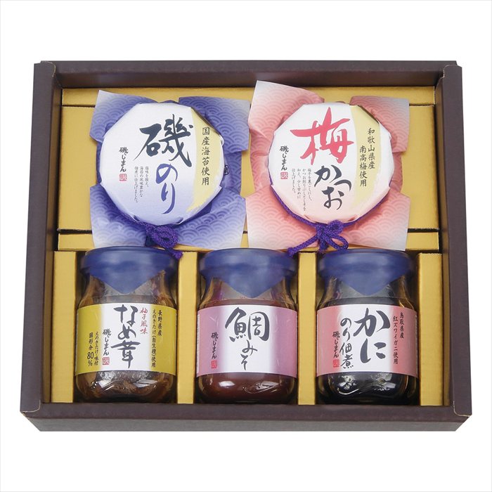 ■お歳暮専用商品となります。商品出荷日：11月4日から12月10日ごろ 鯛みそ（100g）・磯のり・梅かつお・かにのり佃煮（各90g）・柚子風味なめ茸（85g）×各1 ■商品紹介： ■パッケージサイズ：20×23.5×6.5 ■商品重量（kg）：1.3 ■賞味期限・アレルゲン表示常温1年7ヶ月　小麦・かに メーカー希望小売価格はメーカーカタログに基づいて掲載しています ■さまざまなギフトアイテムをご用意しております。 内祝　内祝い　お祝い返し　ウェディングギフト　ブライダルギフト　引き出物　引出物　結婚引き出物　結婚引出物　結婚内祝い　出産内祝い 命名内祝い　入園内祝い　入学内祝い　卒園内祝い　卒業内祝い　就職内祝い　新築内祝い　引越し内祝い　快気内祝い　開店内祝い　二次会 披露宴　お祝い　御祝　結婚式　結婚祝い　出産祝い　初節句　七五三　入園祝い　入学祝い　卒園祝い　卒業祝い　成人式　就職祝い　昇進祝い 新築祝い　上棟祝い　引っ越し祝い　引越し祝い　開店祝い　退職祝い　快気祝い　全快祝い　初老祝い　還暦祝い　古稀祝い　喜寿祝い　傘寿祝い 米寿祝い　卒寿祝い　白寿祝い　長寿祝い　金婚式　銀婚式　ダイヤモンド婚式　結婚記念日　ギフト　ギフトセット　セット　詰め合わせ　贈答品　お返し お礼　御礼　ごあいさつ　ご挨拶　御挨拶　プレゼント　お見舞い　お見舞御礼　お餞別　引越し　引越しご挨拶　記念日　誕生日　父の日　母の日　敬老の日 記念品　卒業記念品　定年退職記念品　ゴルフコンペ　コンペ景品　景品　賞品　粗品　お香典返し　香典返し　志　満中陰志　弔事　会葬御礼　法要 法要引き出物　法要引出物　法事　法事引き出物　法事引出物　忌明け　四十九日　七七日忌明け志　一周忌　三回忌　回忌法要　偲び草　粗供養　初盆 供物　お供え　お中元　御中元　お歳暮　御歳暮　お年賀　御年賀　残暑見舞い　年始挨拶　ボーリング大会　景品　レミパン　ゼリー　スターバックス 千疋屋　結婚式　そうめん　ローラアシュレイ　プリン　話題　ディズニー　カタログギフト　ティファール　ビタクラフト　ステンレスタンブラー　リラックマ のし無料　メッセージカード無料　ラッピング無料 ギフトにぴったりのアイテムをご紹介！ 贈り物に悩んでいる方へ、心温まるギフトアイテムを取り揃えました。高品質な食品、ふわふわのタオル、美しい食器、そしてセンスあふれる雑貨まで、幅広いラインナップであなたの大切な人への思いを伝えます。 特徴 高品質：厳選された素材と丁寧な製造工程で作られた商品ばかり。どれも長く愛用いただけます。 多用途：どんなシーンでも使える万能アイテムが揃っています。誕生日、結婚祝い、新築祝いなど、さまざまな場面に最適です。 デザイン：シンプルで洗練されたデザインから、カラフルで個性的なものまで、多彩なバリエーションをご用意。 お手頃価格：高品質ながら手ごろな価格で、コストパフォーマンスも抜群。 おすすめの用途とシーン 誕生日プレゼント：大切な人の特別な日を祝うために、実用的かつ心温まるギフトを。食品やタオルは、日常で役立つアイテムとして喜ばれます。 結婚祝い：新しい生活を始めるカップルに、美しい食器やおしゃれな雑貨を。幸せな家庭を築くお手伝いができます。 新築祝い：新しい家に引っ越した友人や家族へ、インテリアにぴったりの雑貨や実用的なタオルを。快適な生活をサポートします。 お返しギフト：感謝の気持ちを込めて、おしゃれで実用的なアイテムを。食品はもちろん、使い心地の良いタオルや美しい食器も喜ばれます。 季節の贈り物：お中元やお歳暮、季節の挨拶として、季節に合ったギフトを。夏には涼しげな雑貨、冬には温かみのあるタオルや食品が最適です。 贈る相手に合わせたおすすめ グルメな方へ：美味しい食品を贈れば、食卓が一層華やかに。特別な時間を演出します。 家庭的な方へ：ふわふわのタオルや使いやすい食器で、日常生活に彩りを。 オシャレな方へ：センスあふれる雑貨で、インテリアを一層魅力的に。 まとめ あなたの気持ちを込めたギフト選びをお手伝いします。どれも心を込めて選んだアイテムばかりです。大切な人への贈り物として、自信を持っておすすめします。 商品概要 [分類] 以下のような商品をお探しの方にオススメです。スイーツ スィーツ スウィーツ Sweets ケーキ お菓子 洋菓子 デザート おやつ 小腹対策 食品 食べ物 / チョコレートケーキ チョコレート ガトーショコラ チーズケーキ 生菓子 生ケーキ ベイクドチーズケーキ [評価・マスコミ] ランキング1位のおすすめ(お勧め オススメ) インスタ映え SNS 評判 今話題の人気商品 [サービス] 以下のサービスをご利用いだだけます。不可の場合あり。お取り寄せ 全国配送 全国発送 オーダー 注文 デリバリー 取寄せ 宅配 ネット通販 持ち運び可 / 送料無料 送料込み 無料ギフト対応 日持ち長い 長期保存 賞味期限が長い 名入れ 当日発送 お急ぎ便 即日配送 即日発送 翌日配送 翌日発送 前日に買う あす楽 明日楽 即納 翌日 あす着 明日届く 配送日指定可 冷凍保存可 冷凍保管 冷凍便 ギフトラッピング ギフト対応 予約 メッセージ付き 有料メッセージカード 有料お誕生日カード ホワイトデー当日お届け可能 [パッケージ] 　 以下のような包装でお届けします。詰め合わせ セット アソート 化粧箱入り ラッピング不要 個包装 小分け 手提げ袋（有償） 2重梱包 [デザイン] 以下のようなイメージをお求めの方におすすめです。お洒落 可愛い ゴージャス 高級感 プレミアム サプライズ感 美しい インパクト 面白い 珍しい 希少 驚き シンプル 上品 スタイリッシュ エレガント モダン [ご用途] 工夫次第で様々な用途でご利用いただけます。贈り物 プレゼント ギフト プチギフト 贈答品 お祝い 御祝い 退職祝い 内祝い 出産祝い 出産内祝い 入学祝い 卒業祝い ご褒美 手土産 お土産 お使い物 お返し お礼 ご挨拶 ご進物 お配り 配る ばらまき バレンタインデー バレンタインデイ ヴァレンタイン 友チョコ 義理チョコ 本命チョコ 逆チョコ バレンタインチョコ ホワイトデー ホワイトデイ ホワイトデーのお返し 七五三 ひな祭り こどもの日 ハロウィン クリスマス お中元 お年賀 ウインターギフト 御中元 御歳暮 サマーギフト 残暑見舞い お歳暮 母の日 父の日 敬老の日 敬老会記念品 敬老会 結婚祝い 結婚内祝い 結婚記念日 結婚式二次会 二次会のプチギフト 結婚披露宴の引き出物 引き菓子 ウエディングパーティー 成人祝い 長寿祝い 還暦祝い 古希祝い 古稀祝い 喜寿祝い 傘寿祝い 米寿祝い 卒寿祝い 白寿祝い 紀寿祝い 百寿祝い 成人式 セレモニー イベント 内祝い 快気祝い 快気内祝い 出産内祝い 出産祝い 記念日 お返し ご進物 御使い物 お礼 ご挨拶 御礼 ご祝儀 祝儀の品 お使い物 ノベルティー 粗品 景品 長寿 法事 法要 仏事 年忌法事 志 粗供養 供養返し 香典返し 満中陰志 御供え お供え 御供物 弔事 七五三 ひな祭り 入学祝い 卒業祝い 卒園祝い 退職祝い 入社祝い 成人式 成人式のお祝い 朝食 食事代わり ティータイム ブレイクタイム ホームパーティー クリスマスケーキ 誕生日プレゼント 誕生祝い バースデーケーキ 学校 会社 職場 法人 取引先 部活 イベント サークル 介護施設 [おすすめの方] 以下のような様々なお客様にお喜びいただいております。10代 20代 30代 40代 50代 60代 70代 80代 90代 100歳以上 お母さん お父さん ママ パパ 兄弟姉妹 彼氏 彼女 恋人 義理の母 叔父さん 親戚の お嬢さん 大家族 家族 赤ちゃん 祖父 祖母 叔父 叔母 孫 おじいちゃん おばあちゃん じいじ ばあば 夫 旦那 妻 奥様 お嫁さん 奥さん 親 両親 娘 同僚 友達 仲間 友人 親友 上司 部下 先輩 後輩 お世話になった方 恩師 先生 大人数 女友達 法人 女性 男性 大人 子ども 子供用 小学生 中学生 高校生 男の子 女の子 辛党 甘党 甘いものが苦手 高齢者 お年寄り [その他おすすめ] 以下のような商品に興味のある方にもオススメです。大量 大量購入 財布に優しい 大人数 業務用 大量スイーツ お試し コスパ良い /