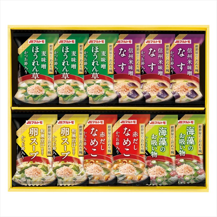 ■お歳暮専用商品となります。商品出荷日：11月4日から12月10日ごろ フリーズドライみそ汁（なす・ほうれん草）×各3、フリーズドライみそ汁（なめこ）・フリーズドライお吸い物（海藻）・フリーズドライスープ（卵）×各2 ■商品紹介： ■パッケージサイズ：25.3×30.3×4.9 ■商品重量（kg）：0.3 ■賞味期限・アレルゲン表示常温1年6ヶ月　卵・小麦 メーカー希望小売価格はメーカーカタログに基づいて掲載しています ■さまざまなギフトアイテムをご用意しております。 内祝　内祝い　お祝い返し　ウェディングギフト　ブライダルギフト　引き出物　引出物　結婚引き出物　結婚引出物　結婚内祝い　出産内祝い 命名内祝い　入園内祝い　入学内祝い　卒園内祝い　卒業内祝い　就職内祝い　新築内祝い　引越し内祝い　快気内祝い　開店内祝い　二次会 披露宴　お祝い　御祝　結婚式　結婚祝い　出産祝い　初節句　七五三　入園祝い　入学祝い　卒園祝い　卒業祝い　成人式　就職祝い　昇進祝い 新築祝い　上棟祝い　引っ越し祝い　引越し祝い　開店祝い　退職祝い　快気祝い　全快祝い　初老祝い　還暦祝い　古稀祝い　喜寿祝い　傘寿祝い 米寿祝い　卒寿祝い　白寿祝い　長寿祝い　金婚式　銀婚式　ダイヤモンド婚式　結婚記念日　ギフト　ギフトセット　セット　詰め合わせ　贈答品　お返し お礼　御礼　ごあいさつ　ご挨拶　御挨拶　プレゼント　お見舞い　お見舞御礼　お餞別　引越し　引越しご挨拶　記念日　誕生日　父の日　母の日　敬老の日 記念品　卒業記念品　定年退職記念品　ゴルフコンペ　コンペ景品　景品　賞品　粗品　お香典返し　香典返し　志　満中陰志　弔事　会葬御礼　法要 法要引き出物　法要引出物　法事　法事引き出物　法事引出物　忌明け　四十九日　七七日忌明け志　一周忌　三回忌　回忌法要　偲び草　粗供養　初盆 供物　お供え　お中元　御中元　お歳暮　御歳暮　お年賀　御年賀　残暑見舞い　年始挨拶　ボーリング大会　景品　レミパン　ゼリー　スターバックス 千疋屋　結婚式　そうめん　ローラアシュレイ　プリン　話題　ディズニー　カタログギフト　ティファール　ビタクラフト　ステンレスタンブラー　リラックマ のし無料　メッセージカード無料　ラッピング無料 ギフトにぴったりのアイテムをご紹介！ 贈り物に悩んでいる方へ、心温まるギフトアイテムを取り揃えました。高品質な食品、ふわふわのタオル、美しい食器、そしてセンスあふれる雑貨まで、幅広いラインナップであなたの大切な人への思いを伝えます。 特徴 高品質：厳選された素材と丁寧な製造工程で作られた商品ばかり。どれも長く愛用いただけます。 多用途：どんなシーンでも使える万能アイテムが揃っています。誕生日、結婚祝い、新築祝いなど、さまざまな場面に最適です。 デザイン：シンプルで洗練されたデザインから、カラフルで個性的なものまで、多彩なバリエーションをご用意。 お手頃価格：高品質ながら手ごろな価格で、コストパフォーマンスも抜群。 おすすめの用途とシーン 誕生日プレゼント：大切な人の特別な日を祝うために、実用的かつ心温まるギフトを。食品やタオルは、日常で役立つアイテムとして喜ばれます。 結婚祝い：新しい生活を始めるカップルに、美しい食器やおしゃれな雑貨を。幸せな家庭を築くお手伝いができます。 新築祝い：新しい家に引っ越した友人や家族へ、インテリアにぴったりの雑貨や実用的なタオルを。快適な生活をサポートします。 お返しギフト：感謝の気持ちを込めて、おしゃれで実用的なアイテムを。食品はもちろん、使い心地の良いタオルや美しい食器も喜ばれます。 季節の贈り物：お中元やお歳暮、季節の挨拶として、季節に合ったギフトを。夏には涼しげな雑貨、冬には温かみのあるタオルや食品が最適です。 贈る相手に合わせたおすすめ グルメな方へ：美味しい食品を贈れば、食卓が一層華やかに。特別な時間を演出します。 家庭的な方へ：ふわふわのタオルや使いやすい食器で、日常生活に彩りを。 オシャレな方へ：センスあふれる雑貨で、インテリアを一層魅力的に。 まとめ あなたの気持ちを込めたギフト選びをお手伝いします。どれも心を込めて選んだアイテムばかりです。大切な人への贈り物として、自信を持っておすすめします。 商品概要 [分類] 以下のような商品をお探しの方にオススメです。スイーツ スィーツ スウィーツ Sweets ケーキ お菓子 洋菓子 デザート おやつ 小腹対策 食品 食べ物 / チョコレートケーキ チョコレート ガトーショコラ チーズケーキ 生菓子 生ケーキ ベイクドチーズケーキ [評価・マスコミ] ランキング1位のおすすめ(お勧め オススメ) インスタ映え SNS 評判 今話題の人気商品 [サービス] 以下のサービスをご利用いだだけます。不可の場合あり。お取り寄せ 全国配送 全国発送 オーダー 注文 デリバリー 取寄せ 宅配 ネット通販 持ち運び可 / 送料無料 送料込み 無料ギフト対応 日持ち長い 長期保存 賞味期限が長い 名入れ 当日発送 お急ぎ便 即日配送 即日発送 翌日配送 翌日発送 前日に買う あす楽 明日楽 即納 翌日 あす着 明日届く 配送日指定可 冷凍保存可 冷凍保管 冷凍便 ギフトラッピング ギフト対応 予約 メッセージ付き 有料メッセージカード 有料お誕生日カード ホワイトデー当日お届け可能 [パッケージ] 　 以下のような包装でお届けします。詰め合わせ セット アソート 化粧箱入り ラッピング不要 個包装 小分け 手提げ袋（有償） 2重梱包 [デザイン] 以下のようなイメージをお求めの方におすすめです。お洒落 可愛い ゴージャス 高級感 プレミアム サプライズ感 美しい インパクト 面白い 珍しい 希少 驚き シンプル 上品 スタイリッシュ エレガント モダン [ご用途] 工夫次第で様々な用途でご利用いただけます。贈り物 プレゼント ギフト プチギフト 贈答品 お祝い 御祝い 退職祝い 内祝い 出産祝い 出産内祝い 入学祝い 卒業祝い ご褒美 手土産 お土産 お使い物 お返し お礼 ご挨拶 ご進物 お配り 配る ばらまき バレンタインデー バレンタインデイ ヴァレンタイン 友チョコ 義理チョコ 本命チョコ 逆チョコ バレンタインチョコ ホワイトデー ホワイトデイ ホワイトデーのお返し 七五三 ひな祭り こどもの日 ハロウィン クリスマス お中元 お年賀 ウインターギフト 御中元 御歳暮 サマーギフト 残暑見舞い お歳暮 母の日 父の日 敬老の日 敬老会記念品 敬老会 結婚祝い 結婚内祝い 結婚記念日 結婚式二次会 二次会のプチギフト 結婚披露宴の引き出物 引き菓子 ウエディングパーティー 成人祝い 長寿祝い 還暦祝い 古希祝い 古稀祝い 喜寿祝い 傘寿祝い 米寿祝い 卒寿祝い 白寿祝い 紀寿祝い 百寿祝い 成人式 セレモニー イベント 内祝い 快気祝い 快気内祝い 出産内祝い 出産祝い 記念日 お返し ご進物 御使い物 お礼 ご挨拶 御礼 ご祝儀 祝儀の品 お使い物 ノベルティー 粗品 景品 長寿 法事 法要 仏事 年忌法事 志 粗供養 供養返し 香典返し 満中陰志 御供え お供え 御供物 弔事 七五三 ひな祭り 入学祝い 卒業祝い 卒園祝い 退職祝い 入社祝い 成人式 成人式のお祝い 朝食 食事代わり ティータイム ブレイクタイム ホームパーティー クリスマスケーキ 誕生日プレゼント 誕生祝い バースデーケーキ 学校 会社 職場 法人 取引先 部活 イベント サークル 介護施設 [おすすめの方] 以下のような様々なお客様にお喜びいただいております。10代 20代 30代 40代 50代 60代 70代 80代 90代 100歳以上 お母さん お父さん ママ パパ 兄弟姉妹 彼氏 彼女 恋人 義理の母 叔父さん 親戚の お嬢さん 大家族 家族 赤ちゃん 祖父 祖母 叔父 叔母 孫 おじいちゃん おばあちゃん じいじ ばあば 夫 旦那 妻 奥様 お嫁さん 奥さん 親 両親 娘 同僚 友達 仲間 友人 親友 上司 部下 先輩 後輩 お世話になった方 恩師 先生 大人数 女友達 法人 女性 男性 大人 子ども 子供用 小学生 中学生 高校生 男の子 女の子 辛党 甘党 甘いものが苦手 高齢者 お年寄り [その他おすすめ] 以下のような商品に興味のある方にもオススメです。大量 大量購入 財布に優しい 大人数 業務用 大量スイーツ お試し コスパ良い /