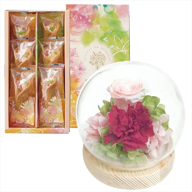 アピデ 母の日遅れてごめんね スフィアドームアレンジメント 咲(さき)ピンク＆花束のデザート6個入ギフトセット ※お届け日5/15～17※日付指定不可 送料無料 母の日 父の日 ギフト お取り寄せ スイーツ