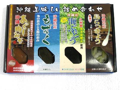 【ご注意】 冷蔵・冷凍品と一緒にご注文された場合、別途送料を追加させていただきます。予めご了承下さい。 海ぶどうは商品の性質上、冷蔵冷凍で送ることができません。 ■内容量：みそ加工品70g、塩蔵もずく100g、海ぶどう（塩水付け）120g（固形量20g）、島らっきょう（酢漬け）30g ■原材料： 【みそ加工品】味噌、砂糖、豚肉（沖縄県）（原材料の一部に大豆、豚肉を含む）大豆は遺伝子組み換えではない 【塩蔵もずく】もずく（沖縄県）、食塩（沖縄県） 【海ぶどう（塩水漬け）】海ぶどう（沖縄県）、食塩（沖縄県）、久米島海洋深層水 【らっきょう酢漬け】島らっきょう（沖縄県）、「漬け原材料」（醸造酢、みりん、砂糖、食塩）甘味料（ステビア、デキストリン） ■賞味期限：パッケージまたはラベルに記載 ■保存方法：直射日光を避け常温保存 ■生産国：日本 ■販売者：大幸商事/沖縄県豊見城市 ■配送方法：常温