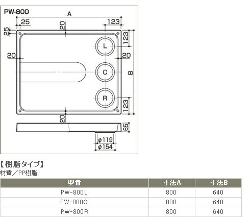 【あす楽】【800mm×640mm】洗濯機 防水パン　PW-800 サヌキ SPG 樹脂タイプ PW-800L（左穴）　PW-800C（中央穴）　PW-800R（右穴）(トラップ排水穴の位置は図面参照） 洗濯機防水パン 洗濯パン、洗濯機パン、防水パン 排水トラップ　縦排水・横排水・なしが選べます 3