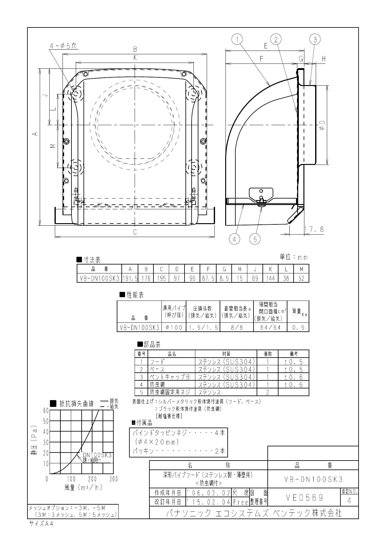 【VB-DN100SK3】 ベンテック ダクト用エクステリア部材 ステンレス製深形パイプフード(薄壁仕様 着脱防虫網付) 【メーカー直送】 【代引決済・後払い決済不可】