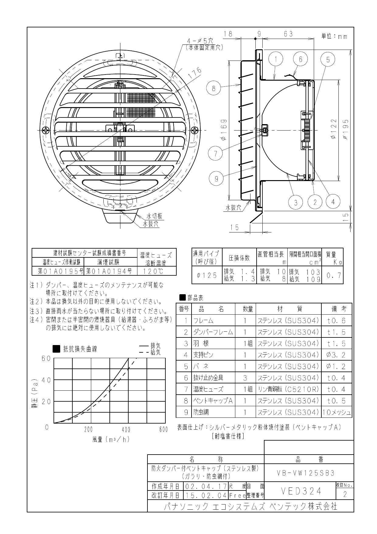 換気扇の激安ショップ プロペラ君の【VB-VW125SB3】 ベンテック ダクト用エクステリア部材 ステンレス製ベントキャップ(防火ダンパー・ガラリ・防虫網付) 【メーカー直送】 【代引決済・後払い決済不可】｜アングル2