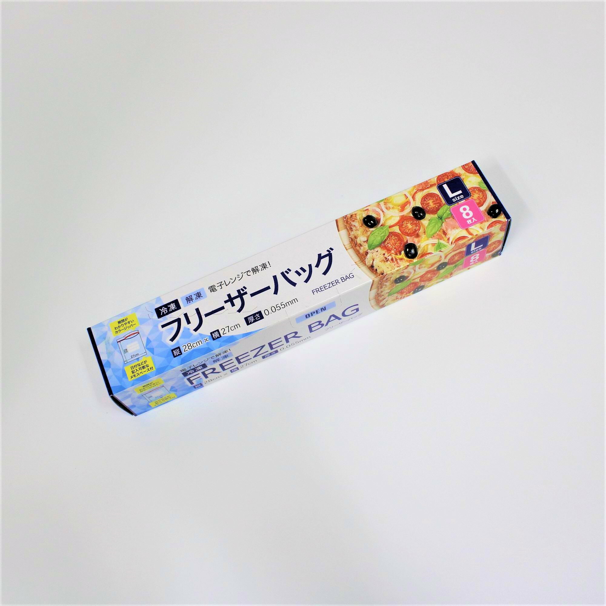 フリーザーバッグ（L）27×28cm 8枚入り KS-4844 冷凍保存 電子レンジ可 カラージッパー 日付記入可能