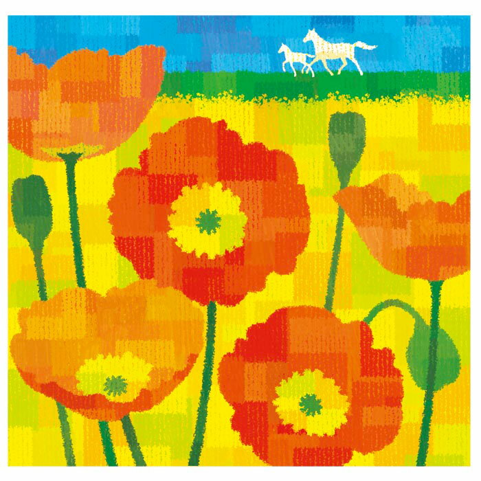 藤谷壮仁郎 Soujirou Art 「一歩ずつ (32x32cm)」 ジクレー 版画 小さい 正方形の絵 額付き 馬 和風 壁掛け インテリア 版画 風水 黄色 ポピー 花 風景画 玄関 おしゃれ 額入り 2