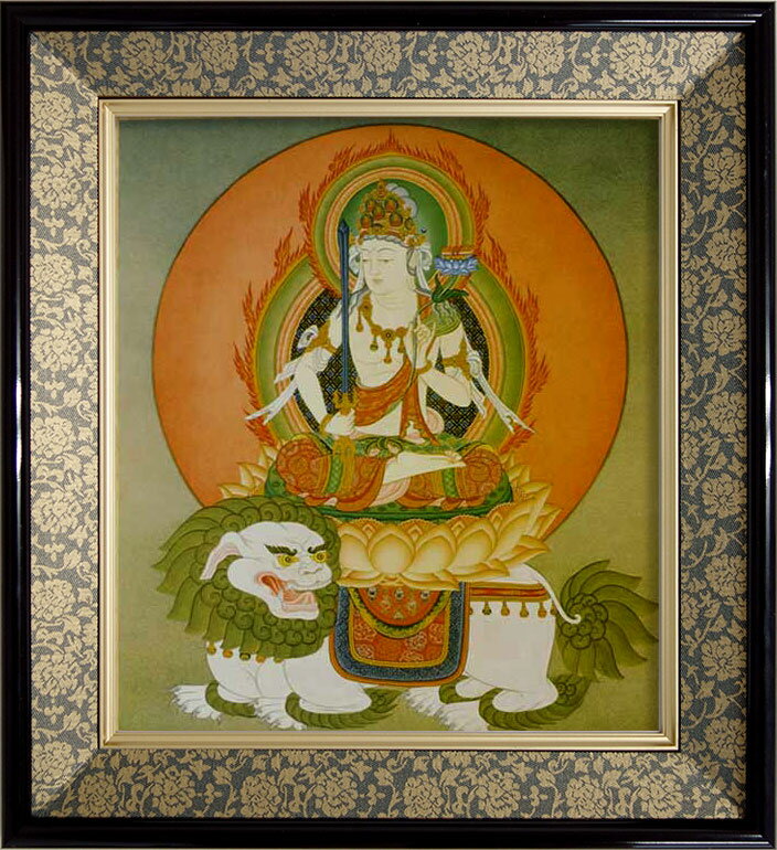 樂天商城 - 仏画 緞子 色紙額 「文殊菩薩 84020」 複製画 額付き（額外寸32.5x35.5cm） 新品 仏画 仏教美術 仏間に。仏事の飾りに。卯年の守り本尊 厄除け 学業成就