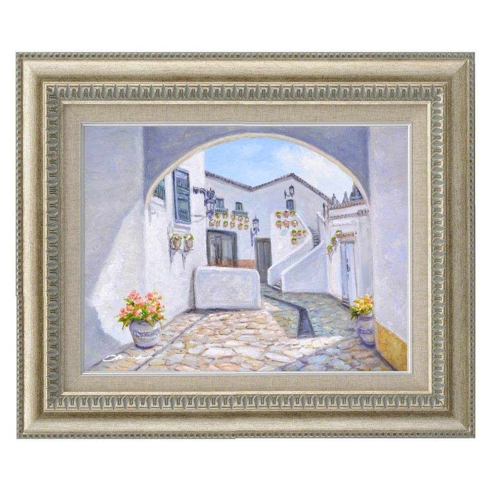 油彩画　奥田ひとみ 「石畳の街並み」 F6号 真筆 額付き 新品 油絵 風景画 BKS-IOP-61405