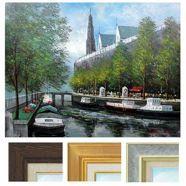 油彩画 F6号 中島達幸 「アムステルダムの運河」 真筆 額入り 油絵 風景画 インテリア 肉筆画 オランダの首都 世界遺産 運河クルーズ