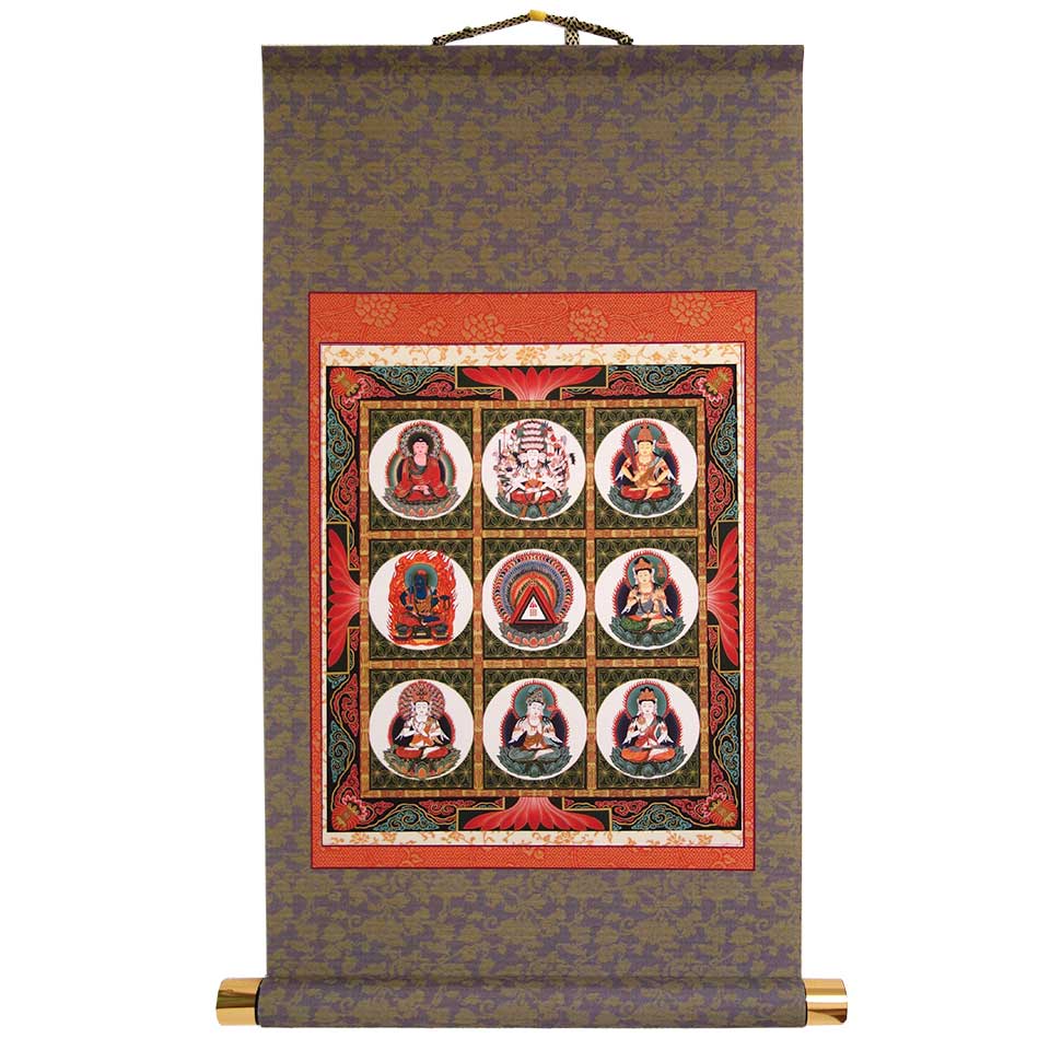 掛け軸 「干支守り本尊曼荼羅」模表装 36x56cm 故人のご供養に 仏壇の代わりに 護持仏 仏画 佛 掛軸 新品 模軸 厄除け 魔除け 守り本尊から成る曼荼羅 20348