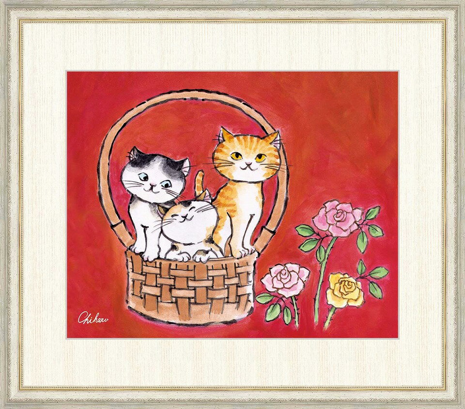 千春 「なごみねこ」 F8号（額外寸64x56cm） 高精彩工芸画＋手彩入り 額付き 複製画 動物画 吉祥開運 赤の背景 三匹のカゴ入り猫 1