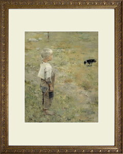 ☆ アクセリ・ガッレン=カッレラ 「少年とカラス」 アート紙にジクレー 複製画 額入り 絵画 洋画 フィンランドの画家 アテネウム美術館(フィンランド)所蔵 S
