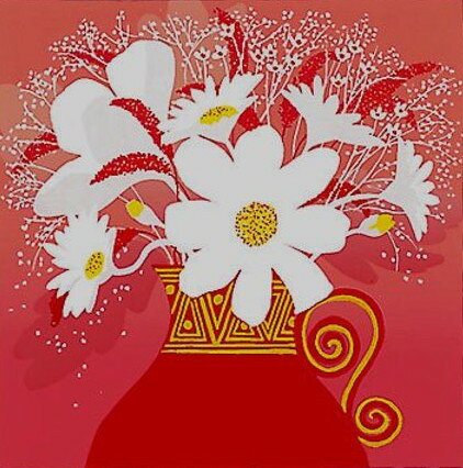 やまとや画廊の【熨斗ラッピング無料】吉岡浩太郎 『白い花』 シルクスクリーン 額入り 新品 絵画 直筆サイン入り 静物画 赤い花瓶 風水開運画 30cm角 正方形【YK30-208】｜アングル2