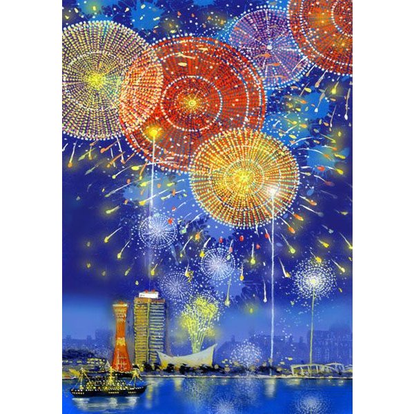【熨斗ラッピング無料】吉岡浩太郎 花火シリーズ『神戸港』 ジクレー版画 額入り 新品 直筆サイン入り 風景画 開運風水 みなとこうべ 海上 花火大会 大衣 タテ【YK99-SDL】 2
