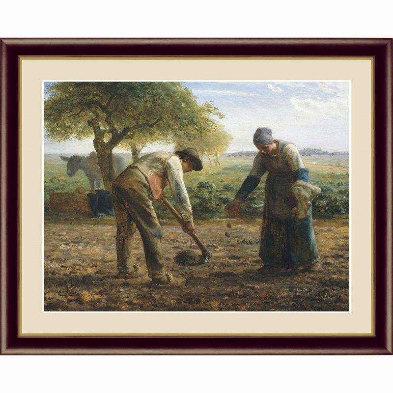 ミレー 「馬鈴薯植え」 F4号（額外寸42x34cm） 高精彩工芸画＋手彩入り 木製額付き 複製画 レプリカ 風景画 人物画 19世紀フランスの画家 バルビゾン派 農民 じゃがいも Millet G4-BM014