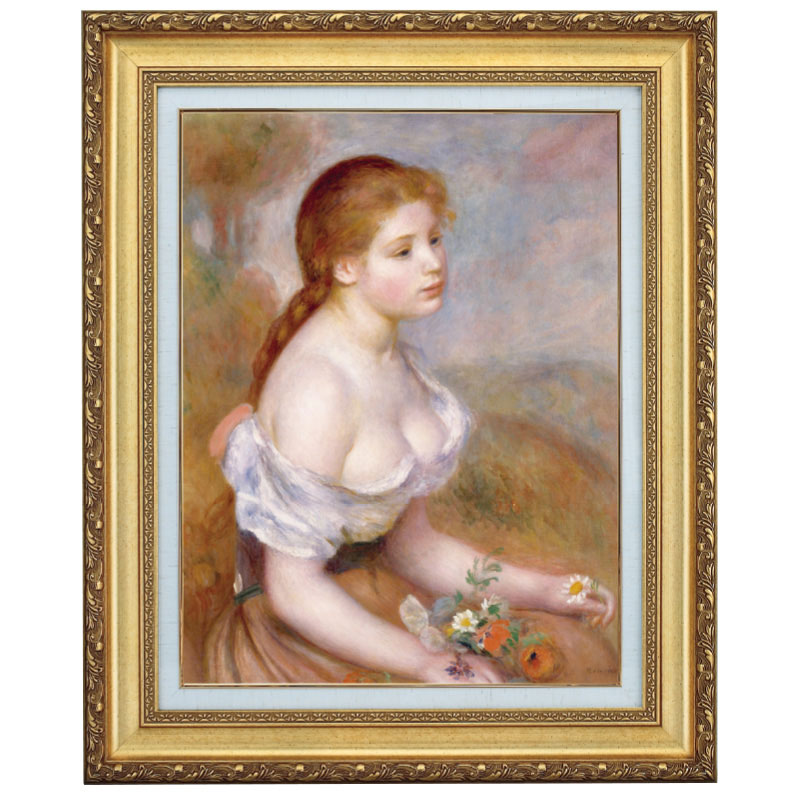 商品の詳細 作家／　ピエール=オーギュスト・ルノワール（1841〜1919年）Pierre-Auguste Renoir フランスの印象派の画家。光の輝きを失わずに人物を明確に描き、シンプルで温かみのある表現を確立し、独自の境地を拓いた。世界中で人気が高い。 作品名／　ひな菊を持つ娘　A Young Girl with Daisies 原画：1889年制作、メトロポリタン美術館（米ニューヨーク）所蔵、原画サイズ65.1 x 54cm 技法／　複製画（絵の表面に透明ジェル加工をし、油彩画特有の質感を作り出しています） エディション番号／　なし 作品の状態：／　新品 額外寸／　ヨコ490xタテ585x厚45（mm） 重量／　　約2.8（kg） 画寸／　　ヨコ310xタテ410（mm）F6号 別表記／　ヒナギク　雛菊　ひな菊を持った若い娘 ※当店では他サイトとも在庫を共有しており、ご注文のタイミングによりましては完売となり、商品がご用意できない場合がございます。ルノワール『　ひな菊を持つ娘　』　F6号 額付き 複製画 1889年制作・メトロポリタン美術館（米ニューヨーク）所蔵