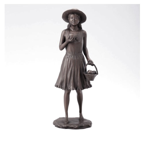 彫刻　仙里篤成　「リンゴを持つ少女」　ブロンズ像　銅製　化粧箱付き　人物像　帽子をかぶった美少女　希望　果物　高さ約37.5cm　高岡銅器