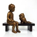 彫刻 喜多敏勝 「いたずらポム」 ブロンズ像 銅製 銘あり 木製ベンチ付き 人物像 向かい合う少女と犬 女の子といぬ 動物 約幅22x高19cm 高岡銅器