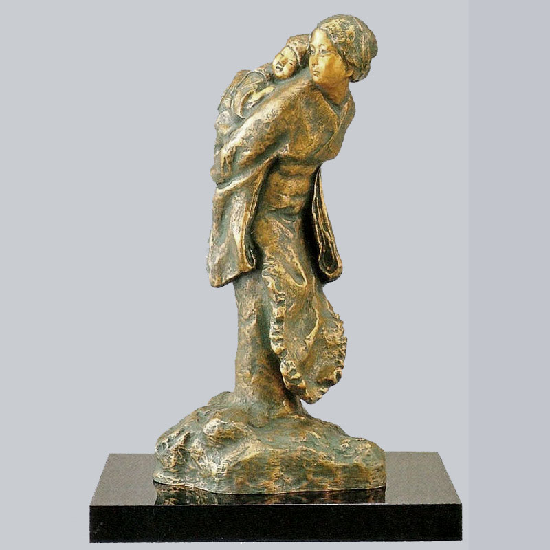 * 彫刻 北村西望 「若き日の母」 ブロンズ像 銅製 桐箱入り 銘あり 塗板付き 慈愛 赤ちゃんを背負う女性 母と子 おかあさん 母の日 高さ約37.5cm 高...