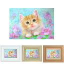 油彩画 SM号 絵画 パンジーと仔猫 星野歩 手描き 額付き 油絵 肉筆 真筆 動物画 かわいいネコ 花と子猫 ふわふわ 小さい絵 ヨコ 猫の絵 キャットアート