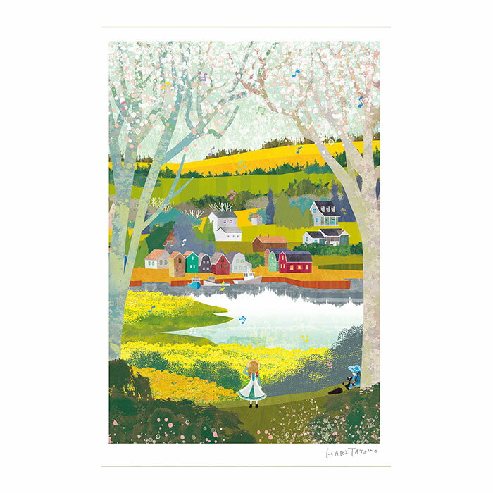 版画　はりたつお 「アンとプリンスエドワード島の菜の花」 ジークレー版画　ジクレー　額入り　風景画　赤毛のアン　カナダ　湖　空色帽子まーちゃん　大全紙　SALE 2