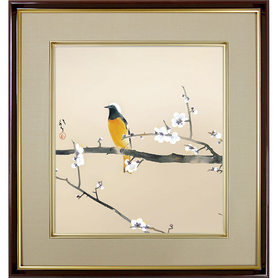 川端龍子「梅花小禽図」複製画 額入り 色紙額 特殊工芸画 ジョウビタキ 野鳥 冬 風景画 風景画 日本画 名作