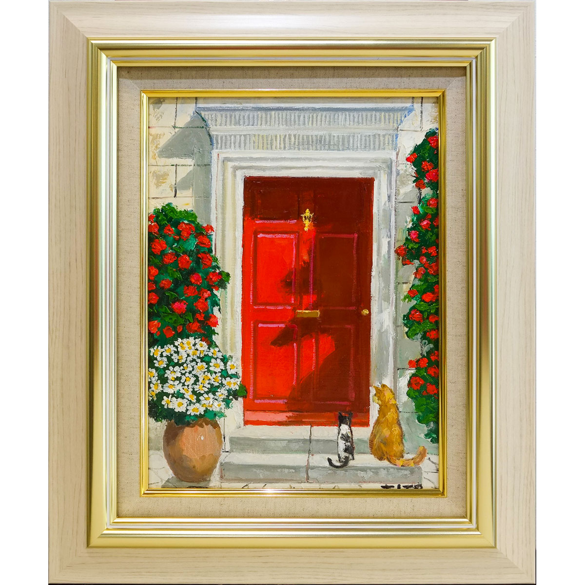樂天商城 - 油彩画　伊東拓実 「赤い扉と猫」 F4号　油絵　額入り　額装画　風景画　真筆　肉筆画　手描き　茶トラ　二匹のねこ　ネコ　かわいい　動物画　UVカット透明アクリル板【YE171】