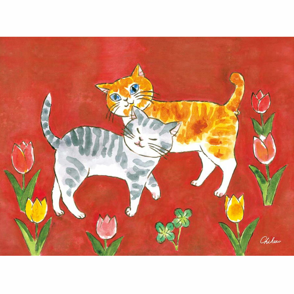 千春 「愛情のねこ」 F8号（額外寸61x49cm） 高精彩工芸画　額付き　複製画　動物画　風水　開運アート　赤の背景　二匹の仲良し猫　チューリップ　J3-B001