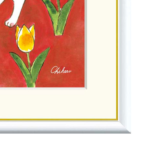 千春 「愛情のねこ」 F8号（額外寸61x49cm） 高精彩工芸画　額付き　複製画　動物画　風水　開運アート　赤の背景　二匹の仲良し猫　チューリップ　J3-B001