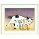 千春 「安らぎのねこ」 F8号(額外寸61x49cm) 高精彩工芸画 額付き 複製画 動物画 風水 開運アート パープルの背景 親子猫 ネコたち