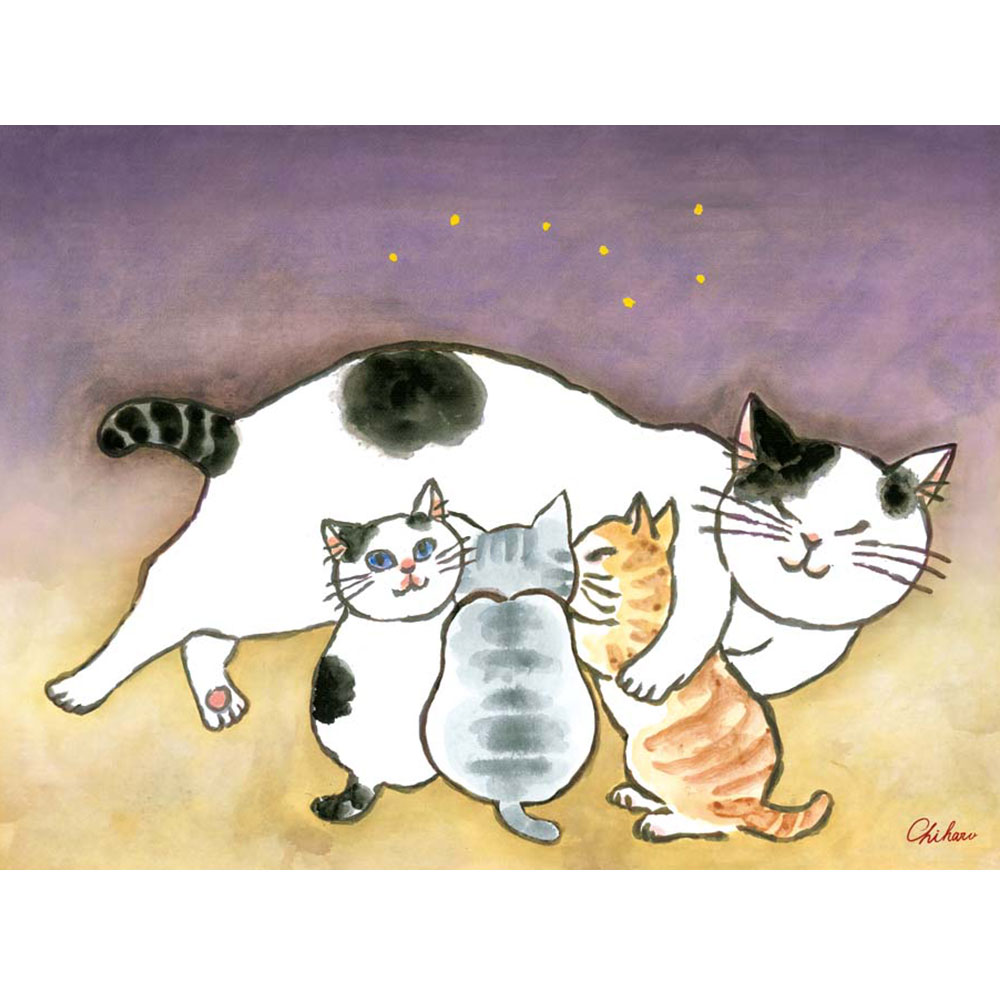やまとや画廊の千春 「安らぎのねこ」 F8号（額外寸61x49cm） 高精彩工芸画　額付き　複製画　動物画　風水　開運アート　パープルの背景　親子猫　ネコたち｜アングル2