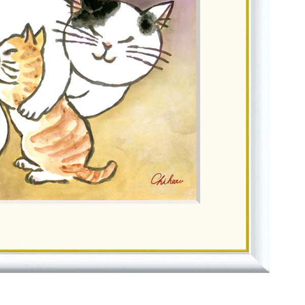 やまとや画廊の千春 「安らぎのねこ」 F8号（額外寸61x49cm） 高精彩工芸画　額付き　複製画　動物画　風水　開運アート　パープルの背景　親子猫　ネコたち｜アングル3