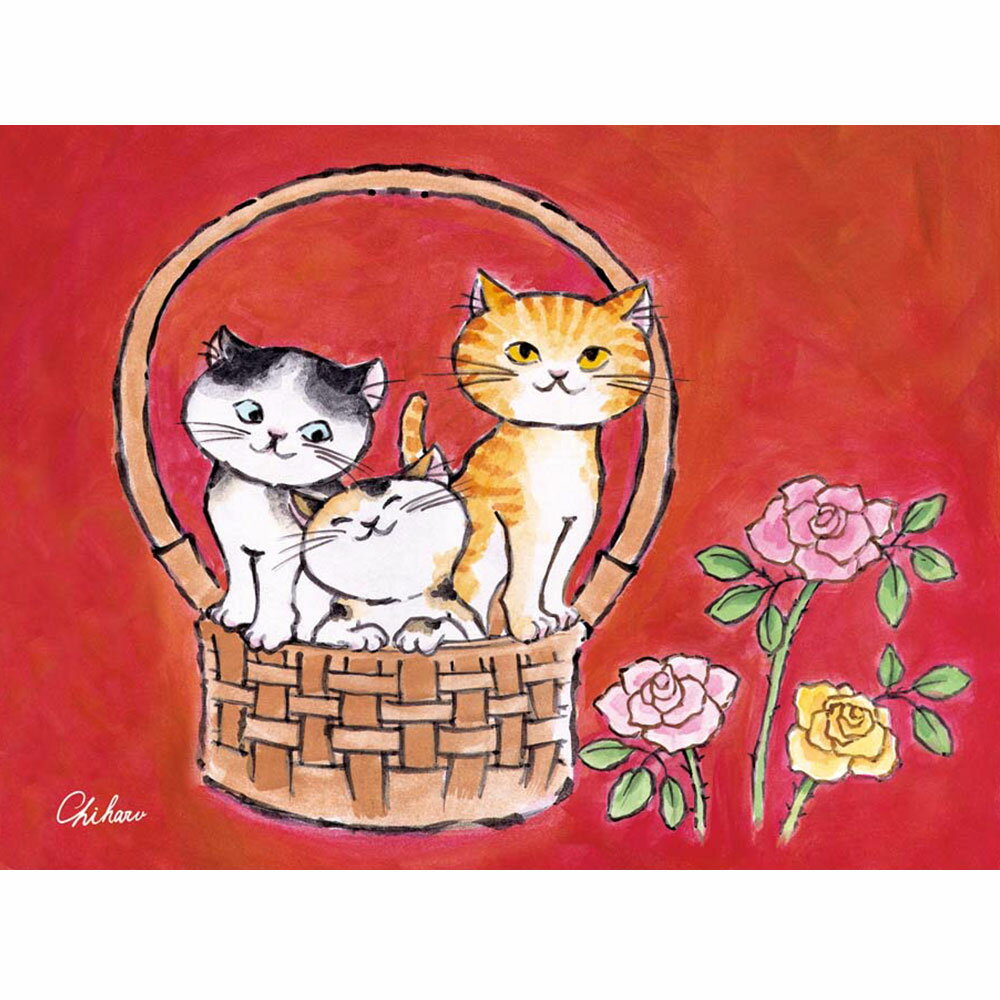千春 「なごみねこ」 F8号（額外寸61x49cm） 高精彩工芸画　額付き　複製画　動物画　風水　開運アート　赤の背景　三匹のカゴ入り猫　バラ