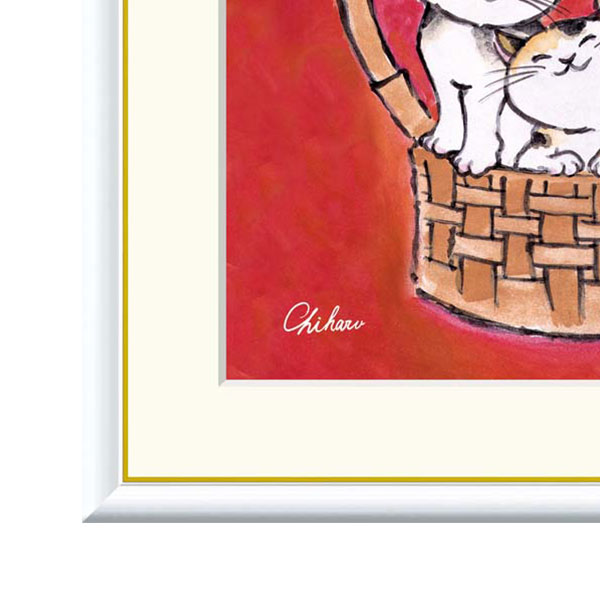 千春 「なごみねこ」 F8号（額外寸61x49cm） 高精彩工芸画　額付き　複製画　動物画　風水　開運アート　赤の背景　三匹のカゴ入り猫　バラ