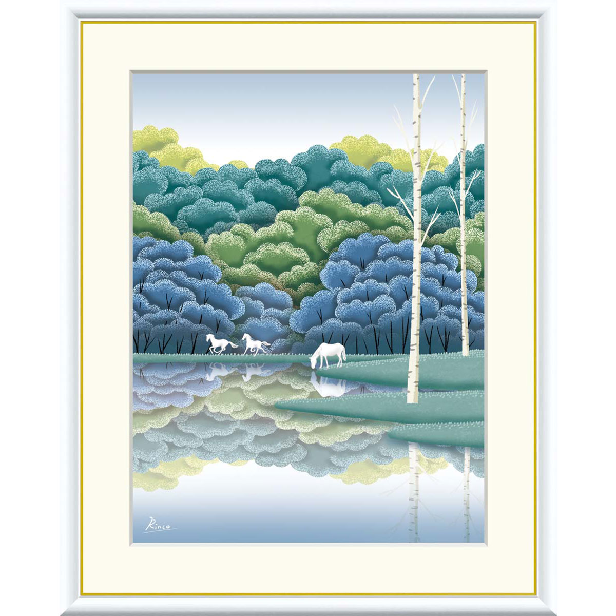 竹内凛子 「湖畔黎明」 F8号（額外寸61x49cm） 高精彩工芸画　額付き　複製画　風景画　癒し　ヒーリングアート　風水開運画　白馬　森..