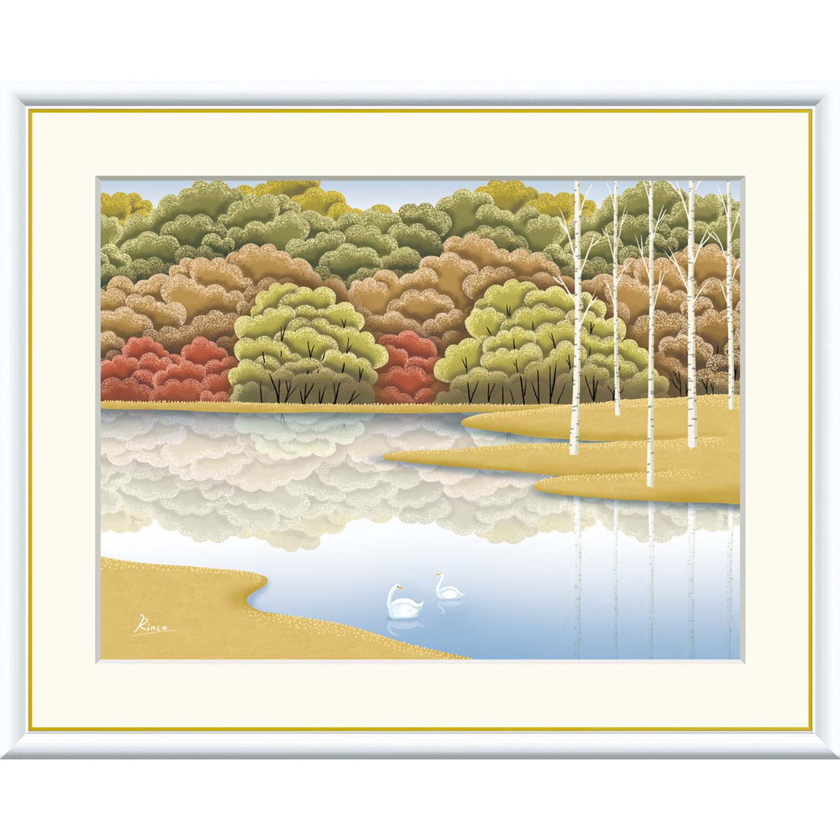 竹内凛子 「湖畔紅染」 F8号（額外寸61x49cm） 高精彩工芸画　額付き　複製画　風景画　癒し　ヒーリングアート　風水開運画　秋の森　..