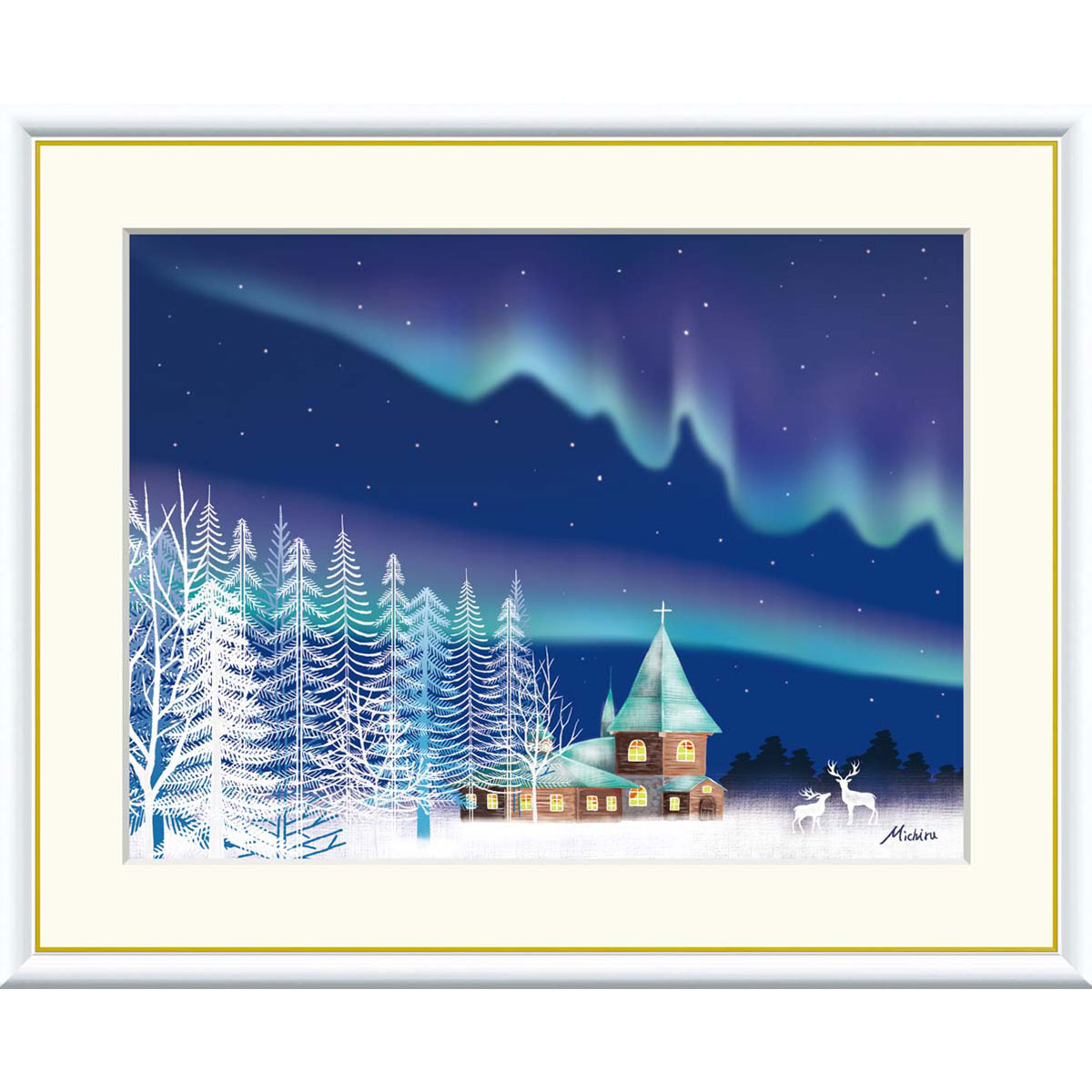 田口みちる 「オーロラ」 F8号（額外寸61x49cm） 高精彩工芸画 額付き 複製画 風景画 おしゃれ 夜空 森の教会 北極圏 トナカイ