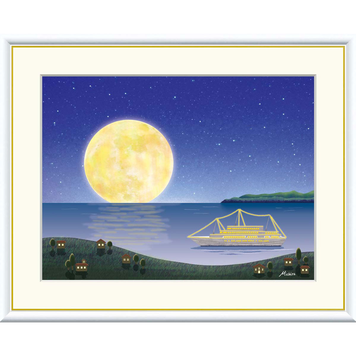 田口みちる 「満月のクルーズ」 F8号（額外寸61x49cm） 高精彩工芸画　額付き　複製画　風景画　おしゃれ　フルムーン　夜の海　大きな月