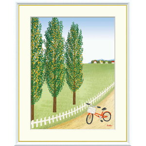 鈴木みこと 「ポプラ並木」 F8号(額外寸61x49cm) 高精彩工芸画 額付き 複製画 風景画 赤い自転車 並木道 北海道 おしゃれ かわいい