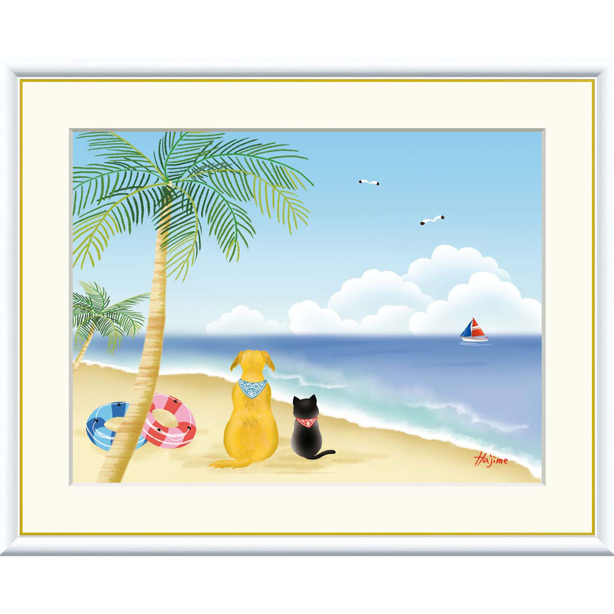 Rakuten - 喜多一 「憩いの海辺」 F8号（額外寸61x49cm） 高精彩工芸画　額付き　複製画　風景画　波打ち際　犬と猫　おしゃれ　かわいい
