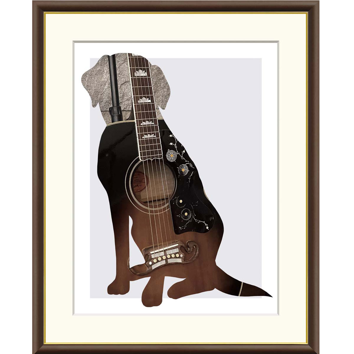 山口美咲 「Guitar」 F8号（額外寸61x49cm） 高精彩工芸画　額付き　複製画　動物画　ギター　犬のシル..
